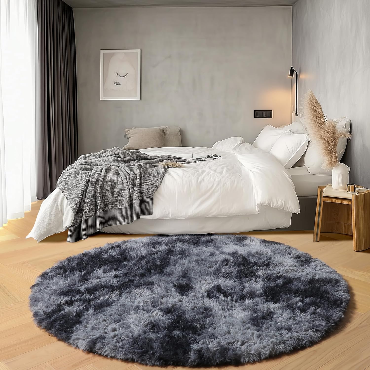 ONASAR Tie-Dyed Dark Grey Round Area Rugs 5ft, Ultra Soft Bedroom Circle Rug for Kids Girls Teen Room, Fluffy Plush Shaggy Carpet Floor Mats for Baby Nursery Living Room Playroom Home Decor