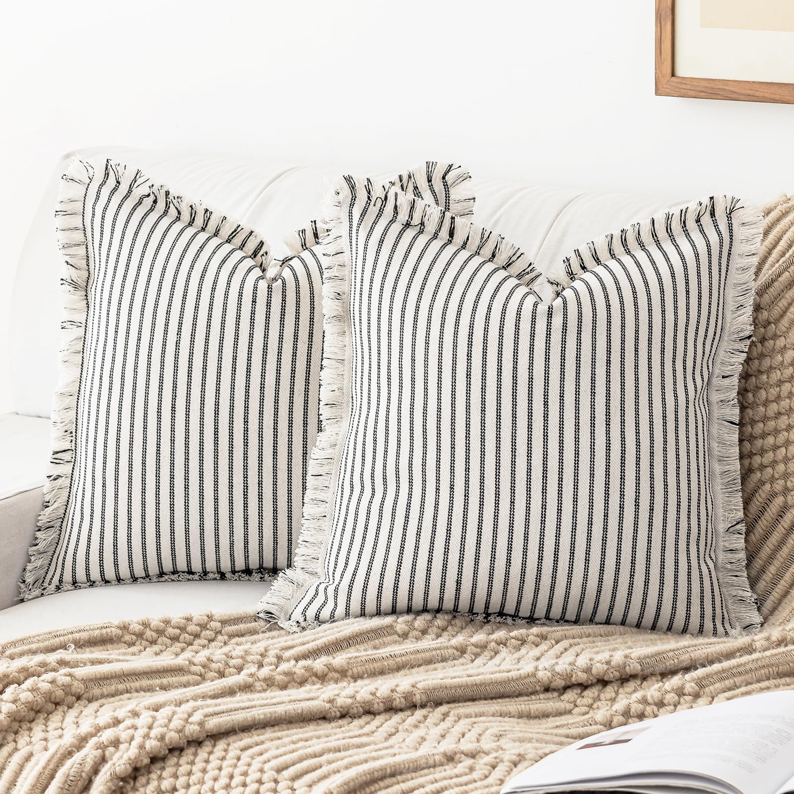 YEENAASY Throw Pillow Covers 22x22 Set of 2 Striped Fringe Pillow Cover Farmhouse Cushion Covers with Tassel Neutral Boho Pillows Decorative Square Pillowcase for Couch Sofa Bed, Blue
