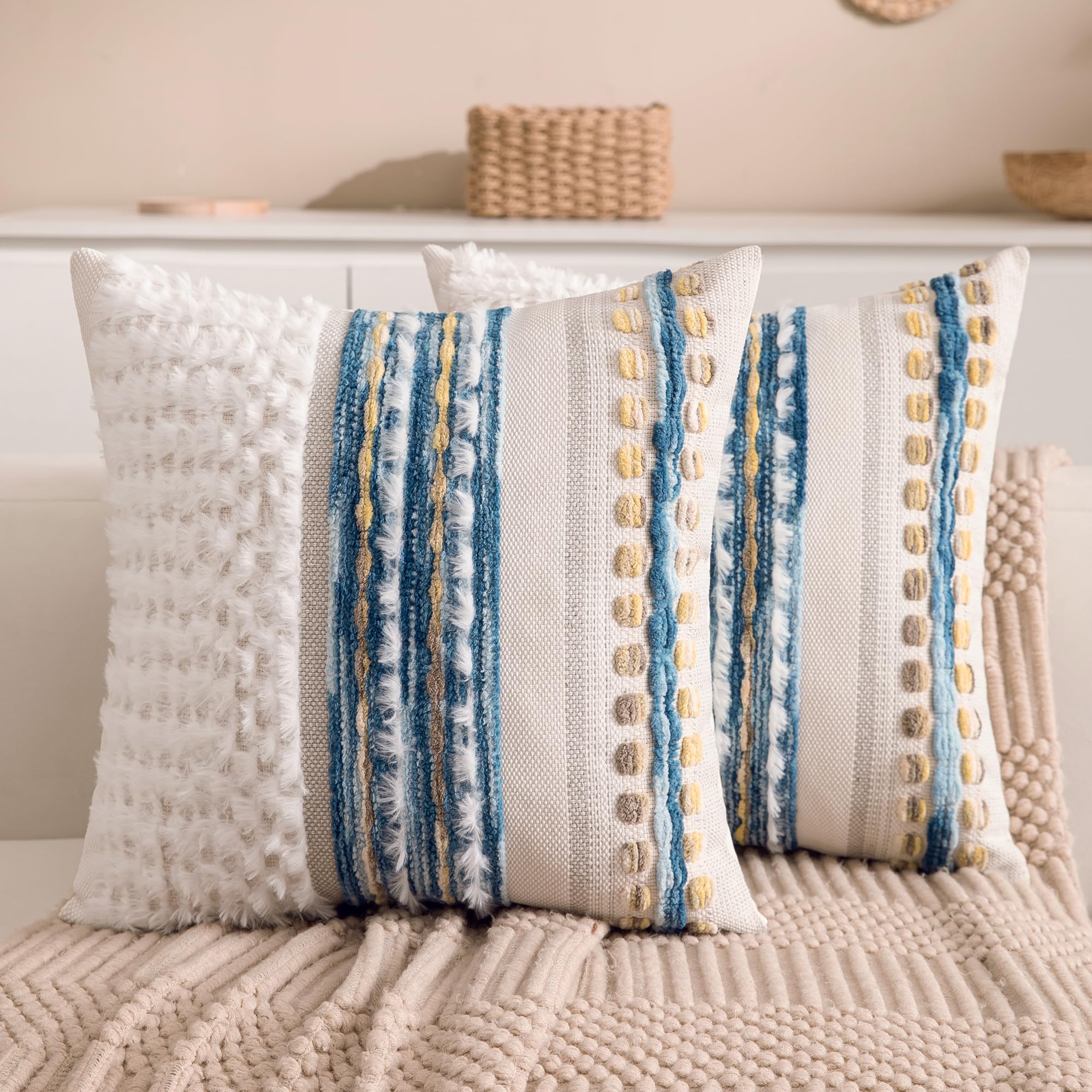 Boho Chenille Tufted Couch Throw Pillow Covers 18x18 Inch Set of 2 Farmhouse Striped Decorative Pillow Covers Accent Neutral Pillowcase Teal Cushion Cover for Living Room Sofa Bed