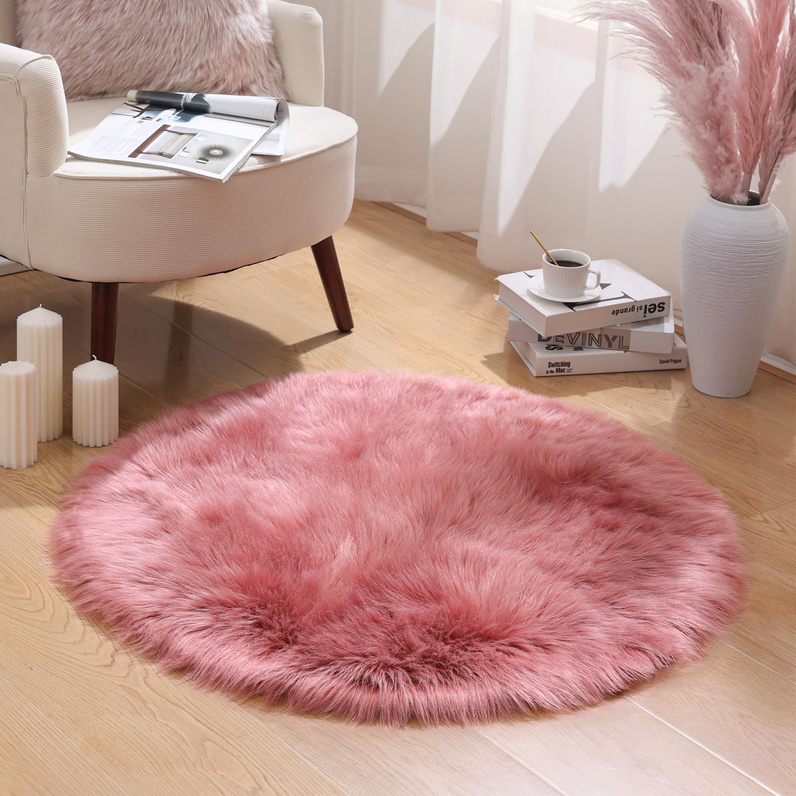4×4ft White Fluffy Faux Fur Rug, Washable Shag Area Rug for Home Decor