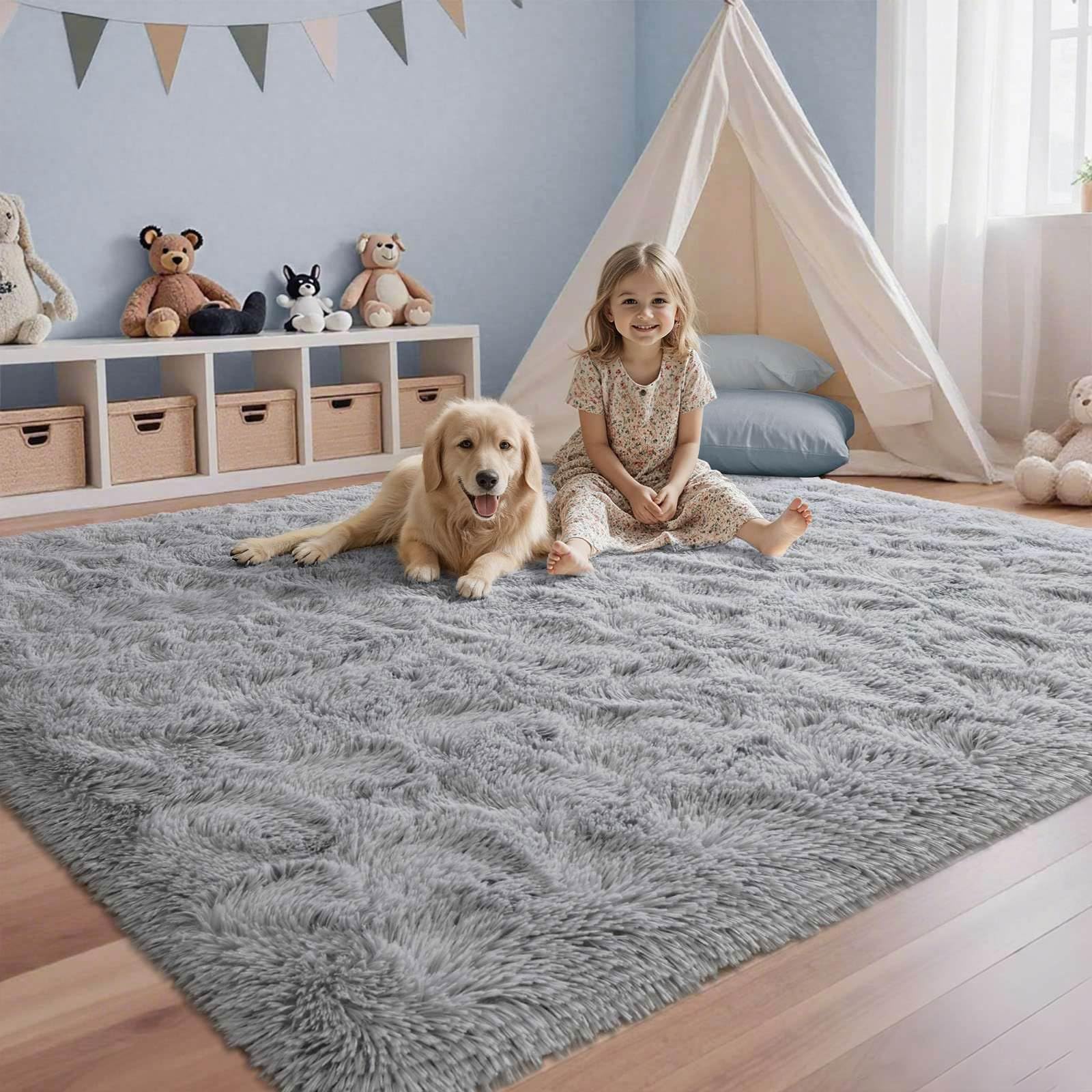 5×7ft Grey Fluffy Tie-Dyed Rug, Soft Shag Carpet for Home Decor