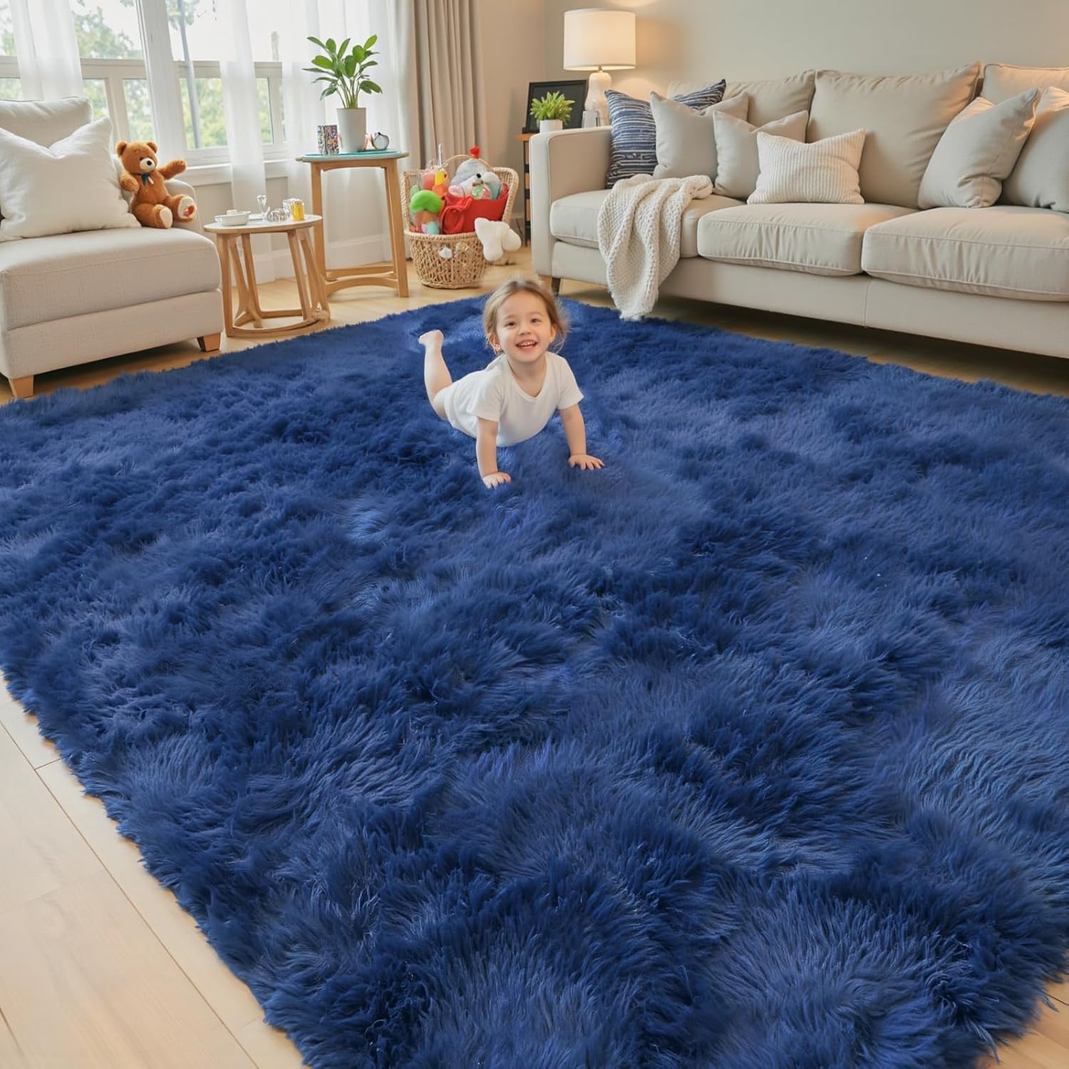 8x10 Area Rugs for Living Room Bedroom Fluffy, Large Area Rug Shag Shaggy Carpet Soft Plush Furry Bedside Rug, Area Rugs for Home Decor(8 x 10, Dark Blue Tie-Dyed)