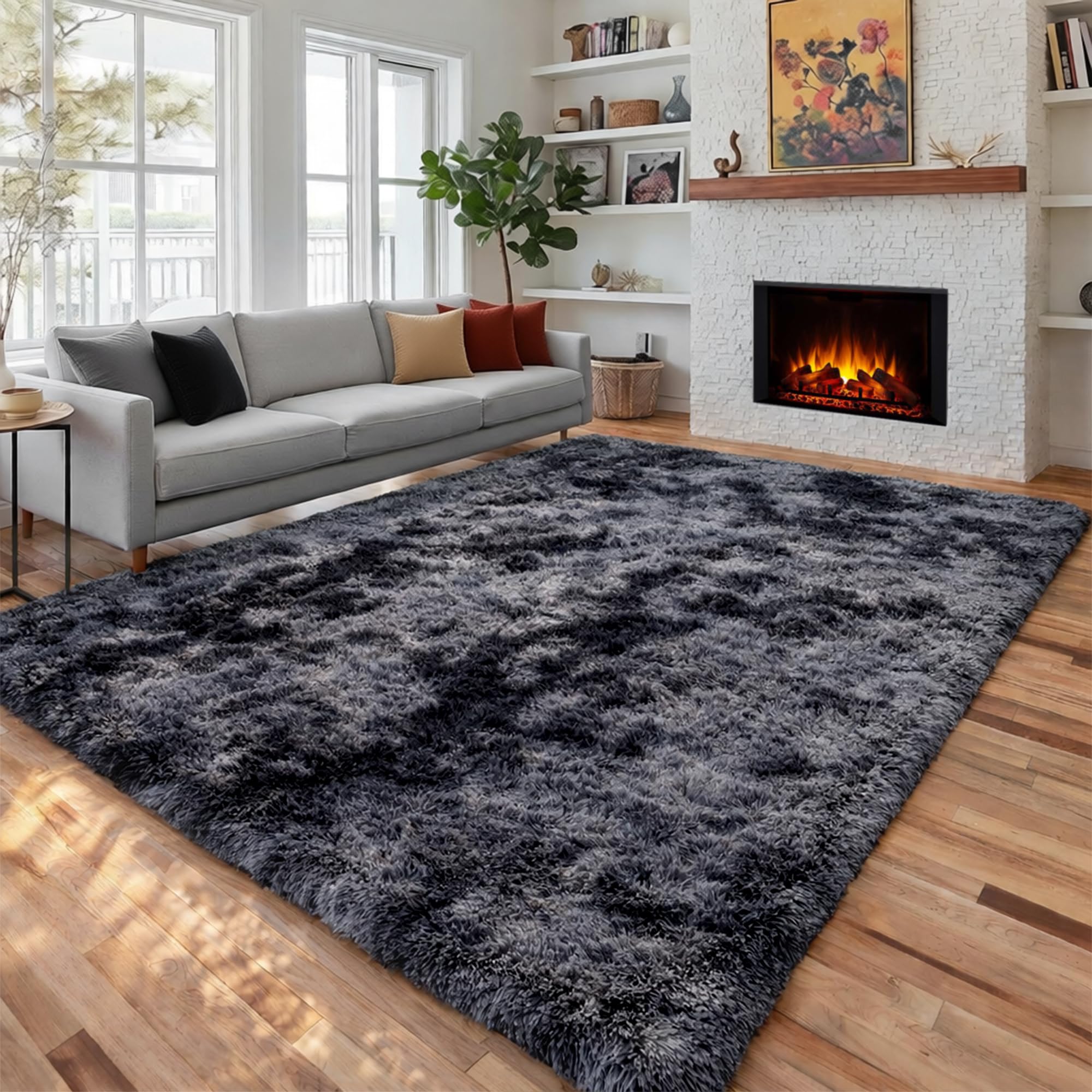 PAGISOFE Abstract Soft Shaggy Rugs for Living Room 5x8 Ft,Tie-Dyed Grey Fluffy Rugs for Kids Room Furry Carpets for Bedroom Room Decor Aesthetic Large Shag Carpet for Boys Girls Dorm Nursery