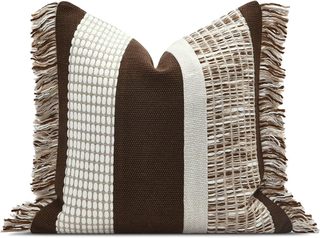 Dark Brown Tassel Decorative Throw Pillow Cover 20x20 Square Woven Textured Farmhouse Pillows Cushion Cases for Couch Bed Sofa Living Room Decor (Pack of 1)