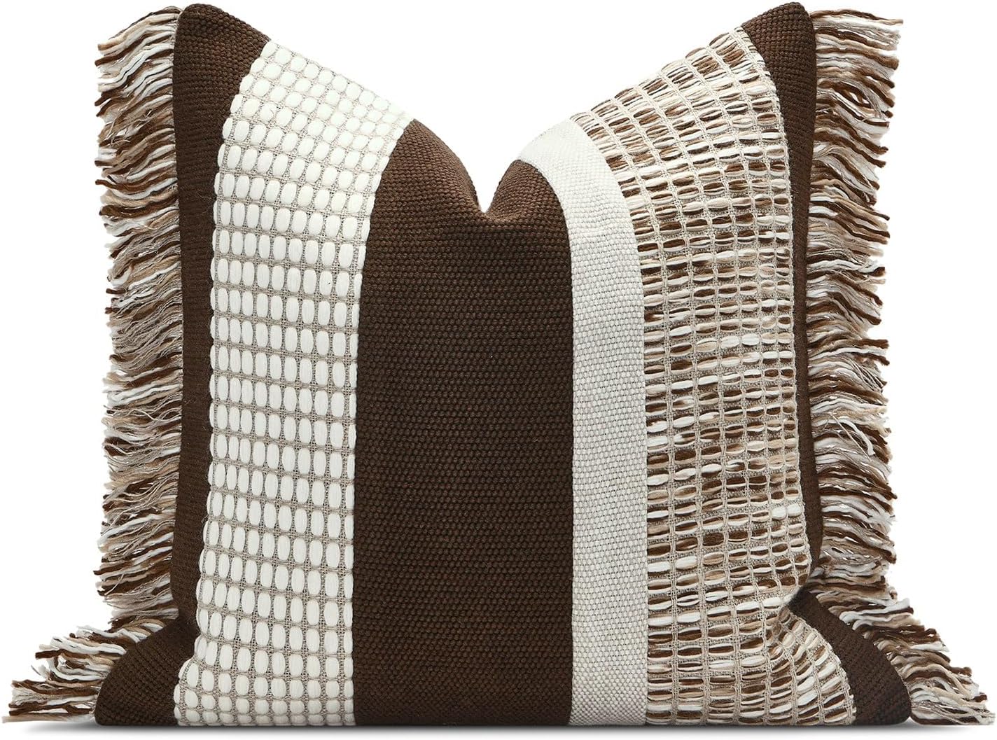 Dark Brown Tassel Decorative Throw Pillow Cover 20x20 Square Woven Textured Farmhouse Pillows Cushion Cases for Couch Bed Sofa Living Room Decor (Pack of 1)