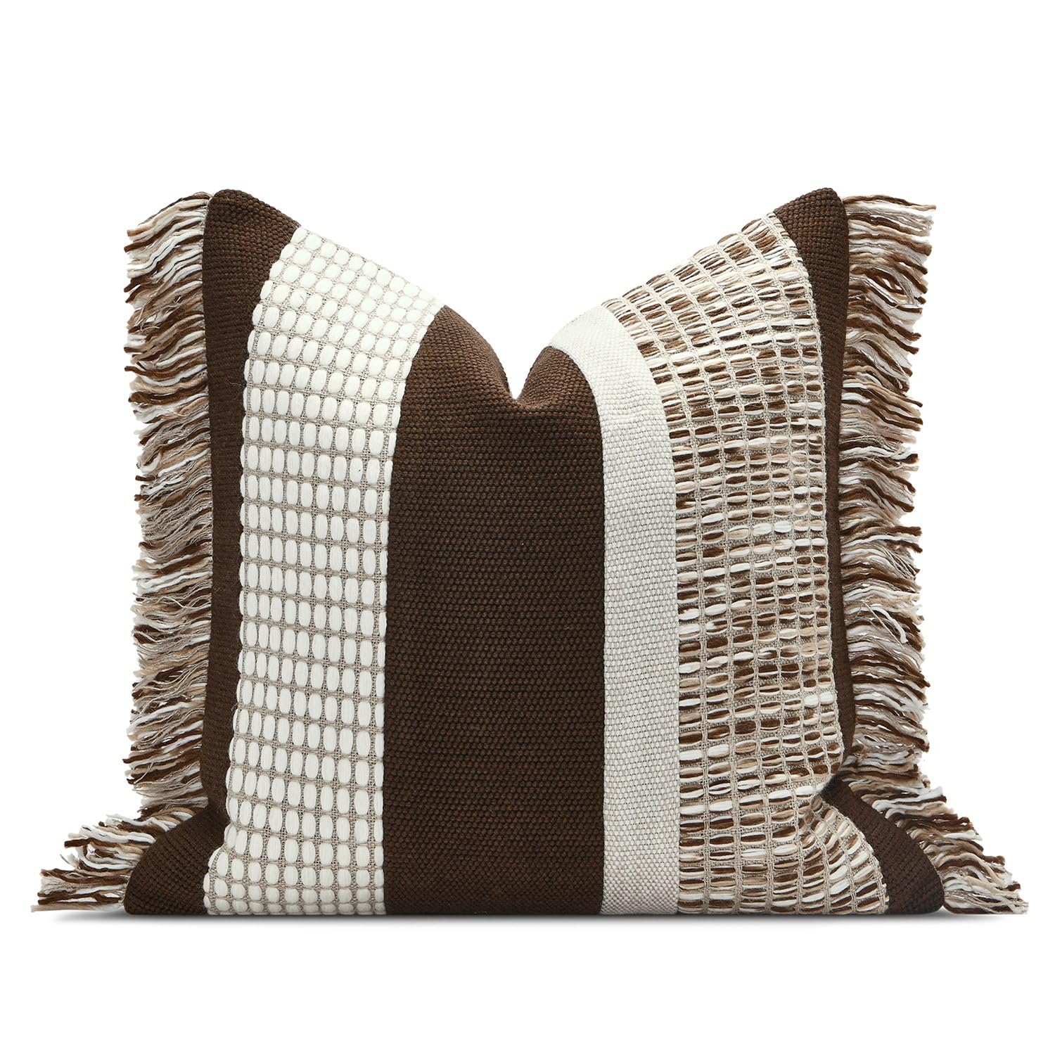 Dark Brown Tassel Decorative Throw Pillow Cover 20x20 Square Woven Textured Farmhouse Pillows Cushion Cases for Couch Bed Sofa Living Room Decor (Pack of 1)