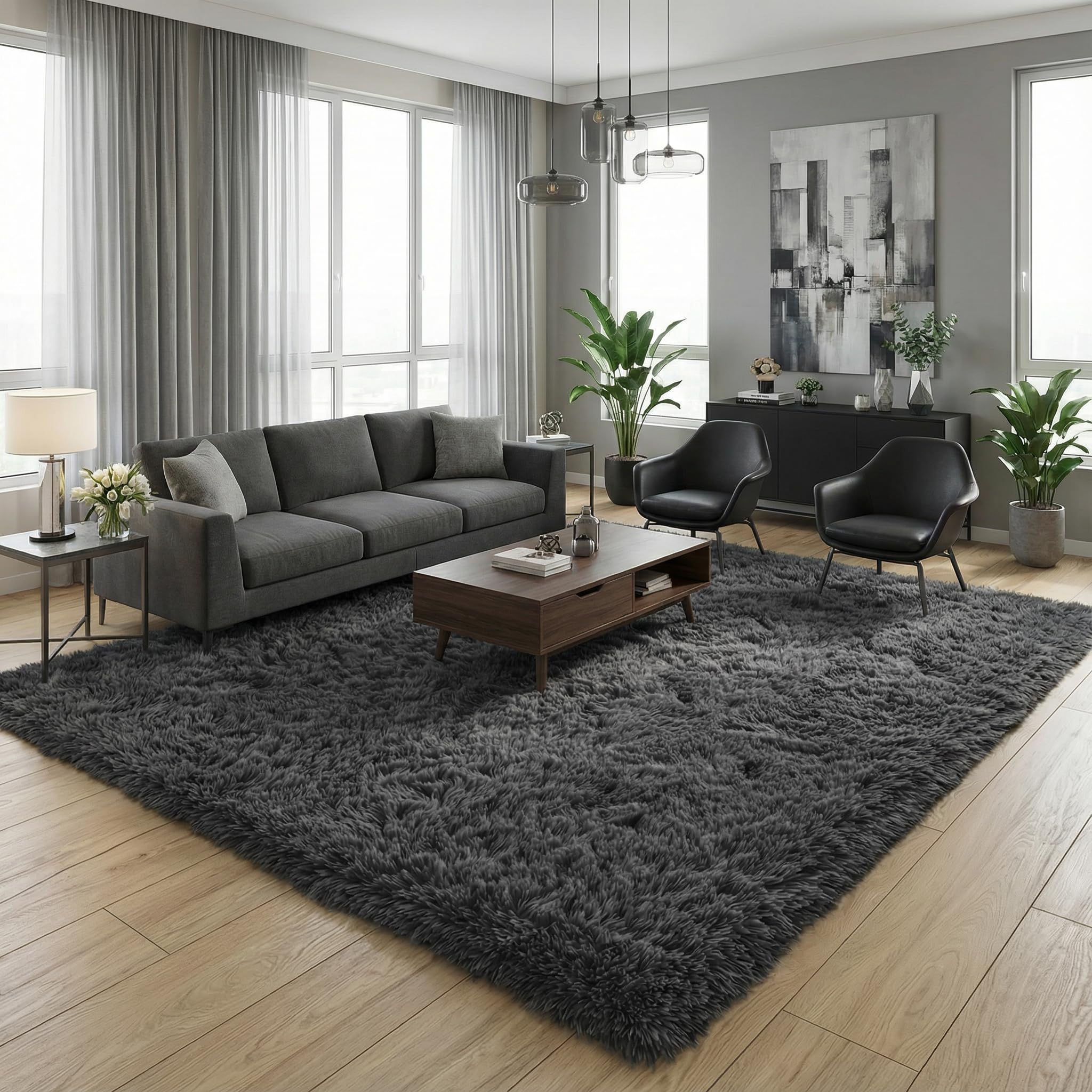 Fluffy 5x7 Area Rugs for Bedroom: Tie-dye White Grey Soft Shag Rug for Living Room, Large Fuzzy Plush Indoor Floor Carpet Non Slip Modern Rug for Nursery Boys Girls Kids Room Playroom Dorms Home Decor