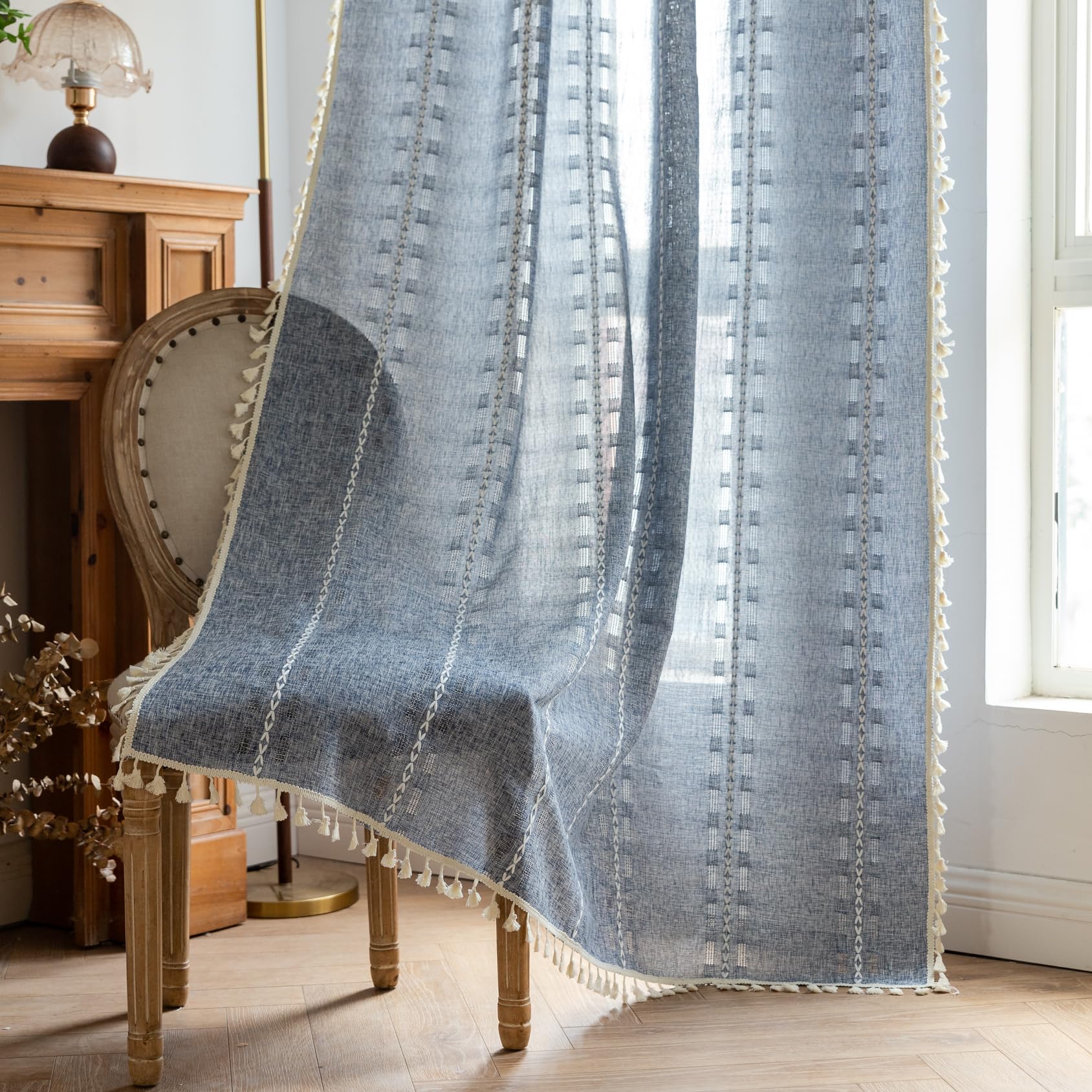 Dark Grey Boho Curtains for Living Room 84 inch Long 2 Panels, Chic Embroidered Semi Sheer Linen Farmhouse Light Filtering Drapes For Bedroom Privacy Striped Tassel Bohemian Window Decor,W52xL84