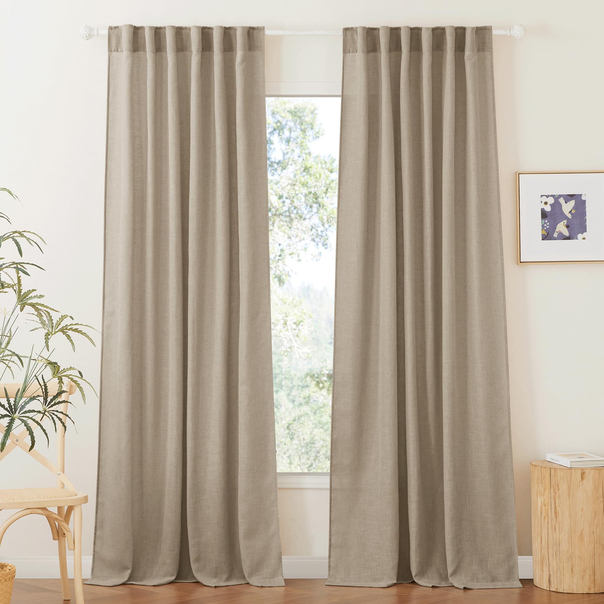 RYB HOME Linen Sheer Curtains and Drapes for Living Room 108 inches Length, Breathable Back Tab/Rod Pocket Semi Sheer Curtains, Oatmeal, W 52 x L 108 inches, 2 Panels Set