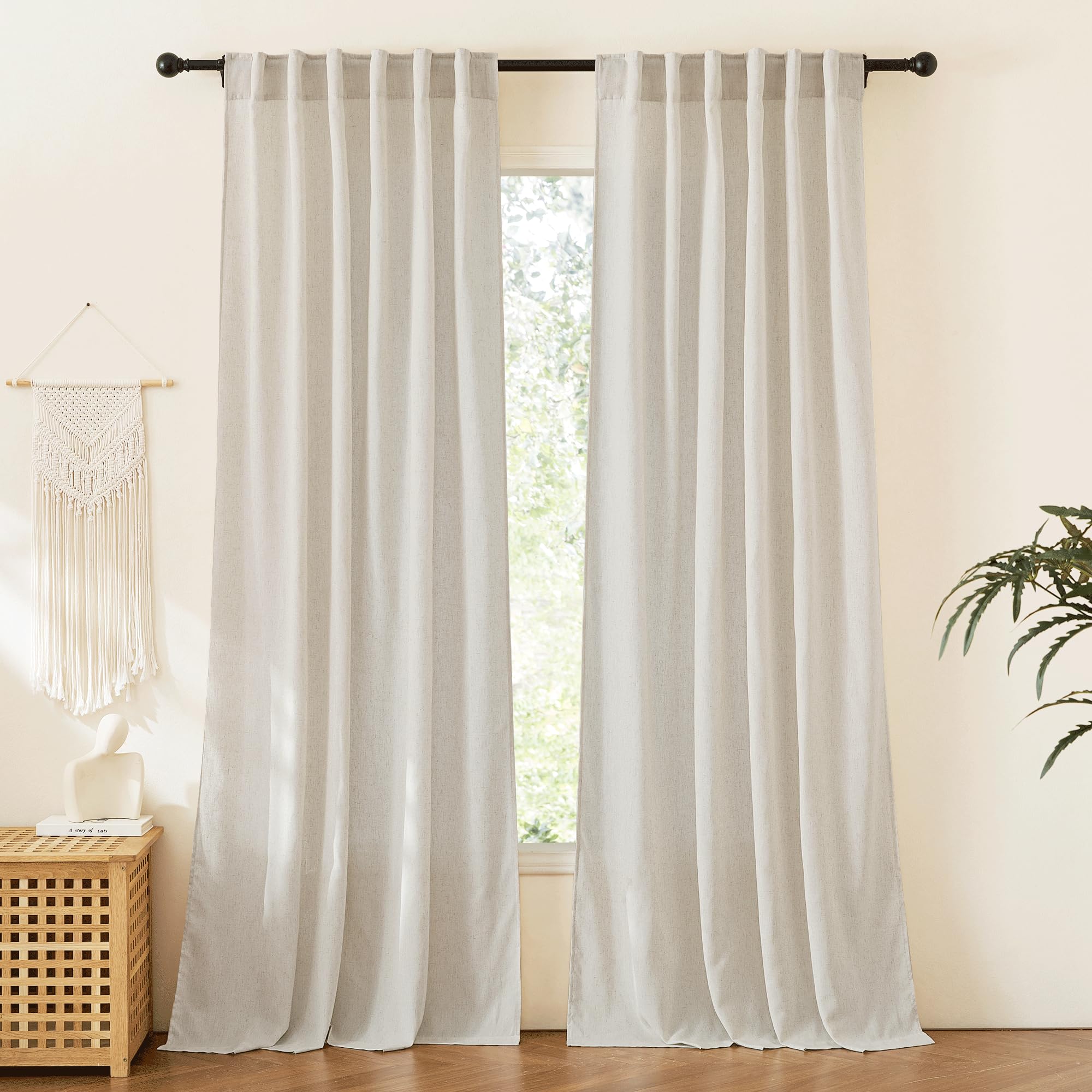 RYB HOME Linen Sheer Curtains and Drapes for Living Room 108 inches Length, Breathable Back Tab/Rod Pocket Semi Sheer Curtains, Oatmeal, W 52 x L 108 inches, 2 Panels Set
