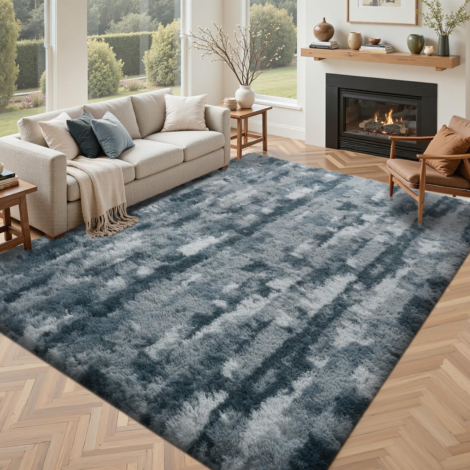 5×7ft Grey Fluffy Tie-Dyed Rug, Soft Shag Carpet for Home Decor