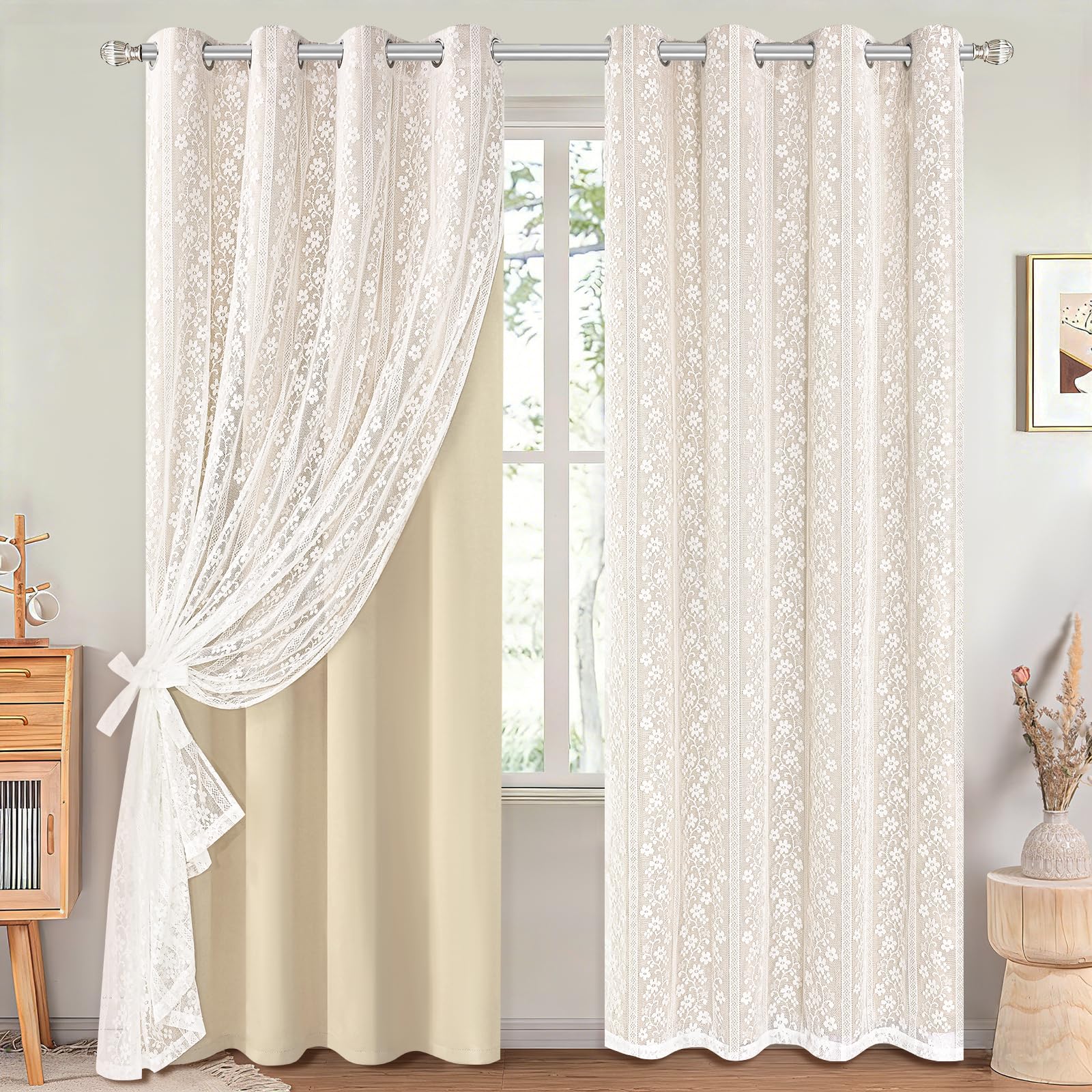 2-Panel 52×84" Beige Linen Curtains, Boho Farmhouse Window Drapes