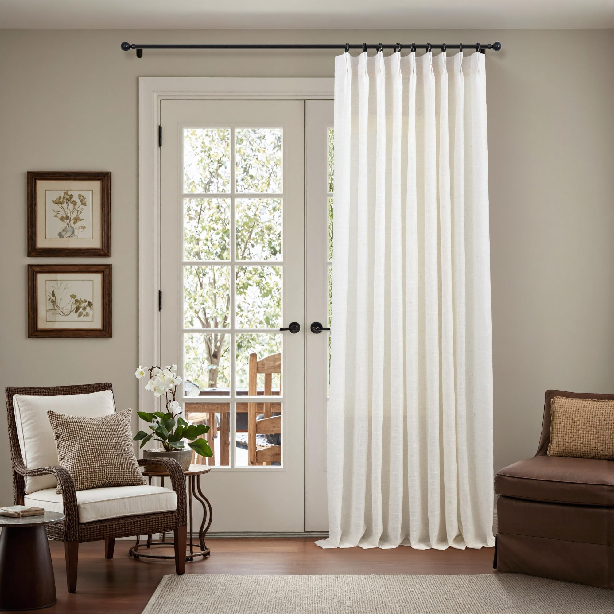 Natural Pinch Pleated Linen Cream Curtains 84 Inch Length 2 Panels for Living Room Bedroom Ivory Semi Sheer Light Filtering Modern Farmhouse Boho Neutral Rustic Long Drapes Back Tab Pleat Hooks Rings