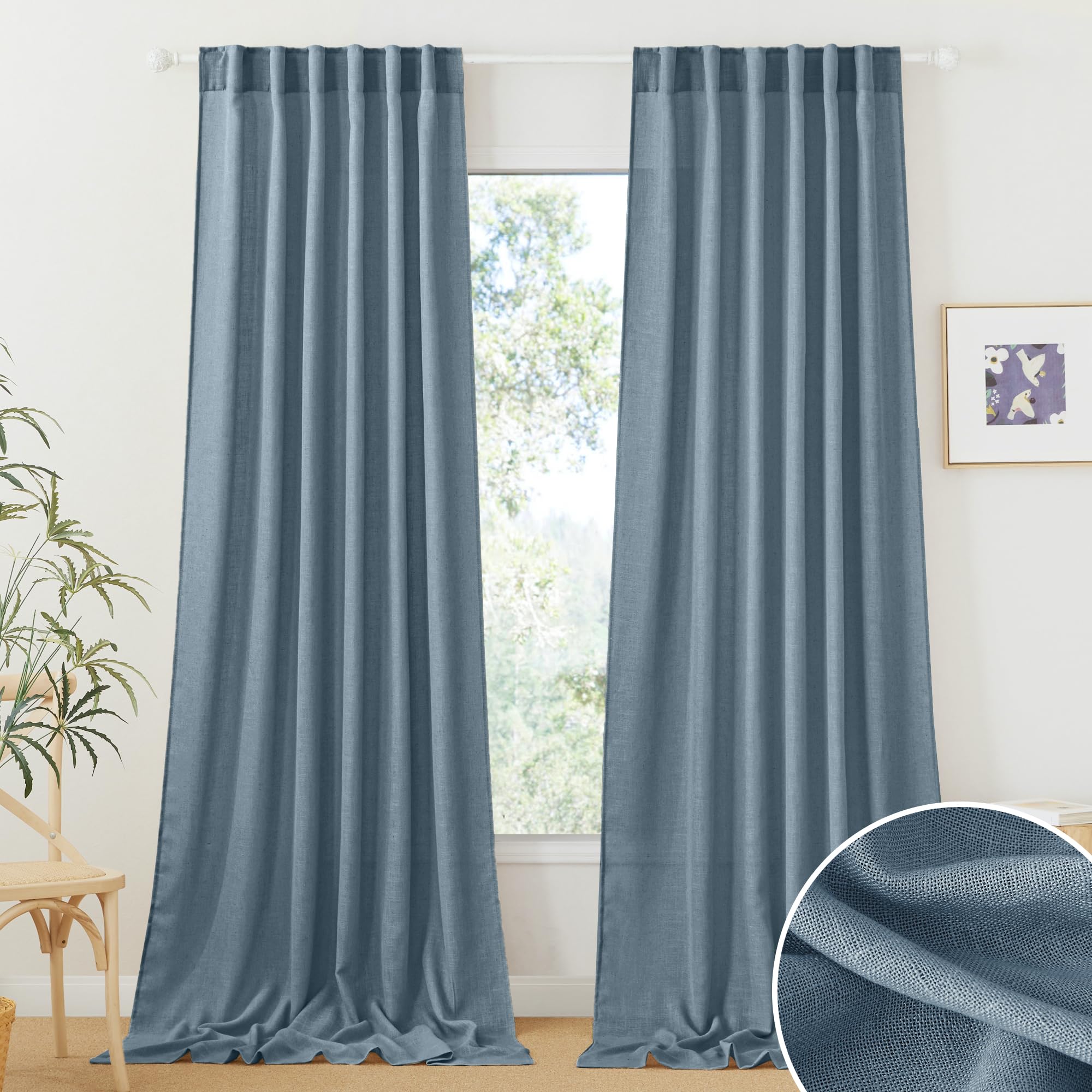 RYB HOME Linen Sheer Curtains and Drapes for Living Room 108 inches Length, Breathable Back Tab/Rod Pocket Semi Sheer Curtains, Oatmeal, W 52 x L 108 inches, 2 Panels Set