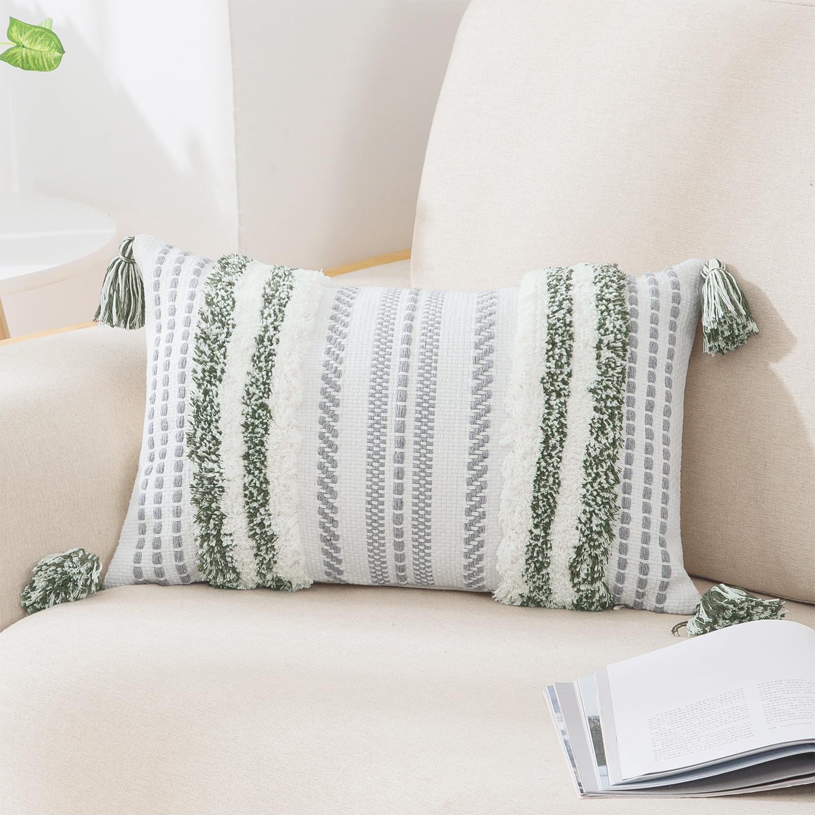 decorUhome Summer Decorative Boho Throw Pillow Covers 18x18 Set of 2, Accent Neutral Textured Tufted Pillow Covers Striped for Couch Bed Sofa Living Room, Khaki and Cream White