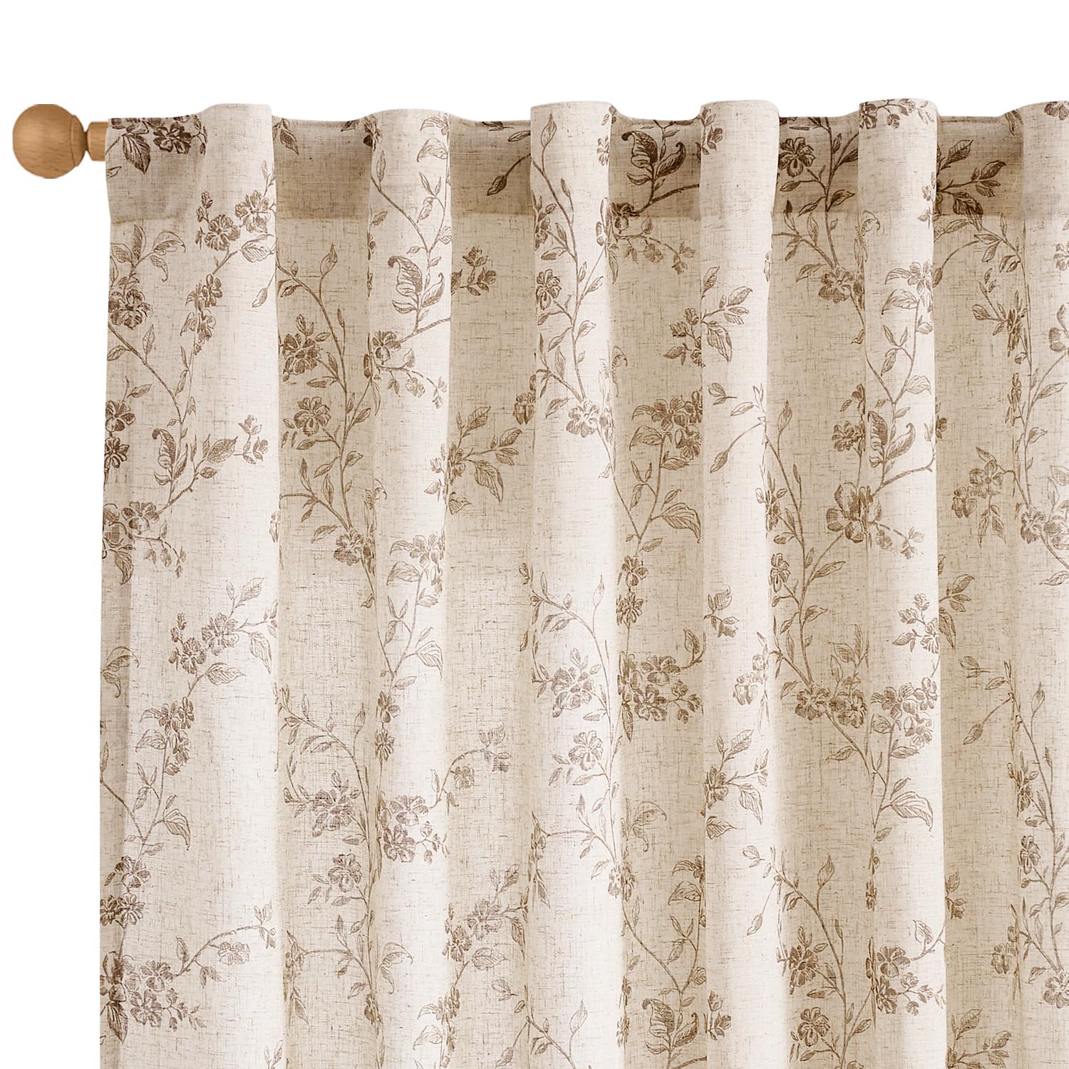 Lazzzy Linen Farmhouse Curtains Green Floral Curtains 63 Inch Length Back Tab Drapes for Living Room Bedroom Light Filtering Country Vintage Rod Pocket Curtain, 2 Panels, Green on Beige
