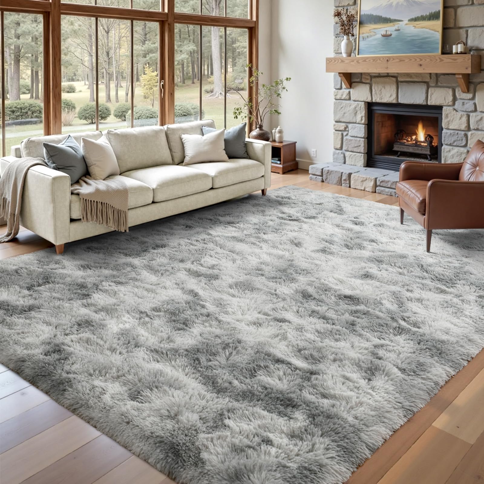 5×7ft Grey Fluffy Tie-Dyed Rug, Soft Shag Carpet for Home Decor