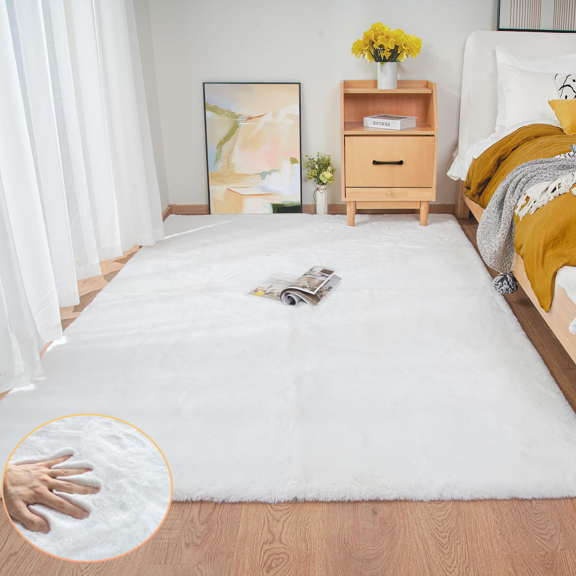 ORINOVA White Faux Rabbit Fluffy Fur Rugs for Bedroom Machine Washable Furry Area Rugs for Living Room Smal 2x4 Shag Runner Rug Nursery Rug