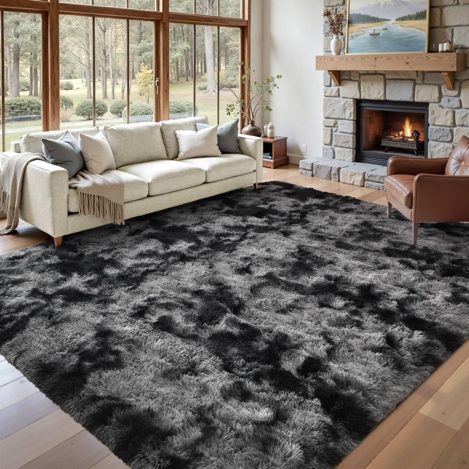 5×7ft Grey Fluffy Tie-Dyed Rug, Soft Shag Carpet for Home Decor
