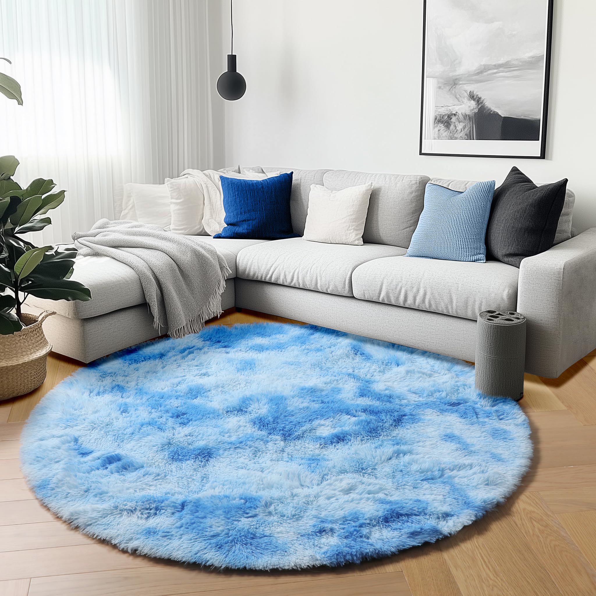 ONASAR Tie-Dyed Dark Grey Round Area Rugs 5ft, Ultra Soft Bedroom Circle Rug for Kids Girls Teen Room, Fluffy Plush Shaggy Carpet Floor Mats for Baby Nursery Living Room Playroom Home Decor