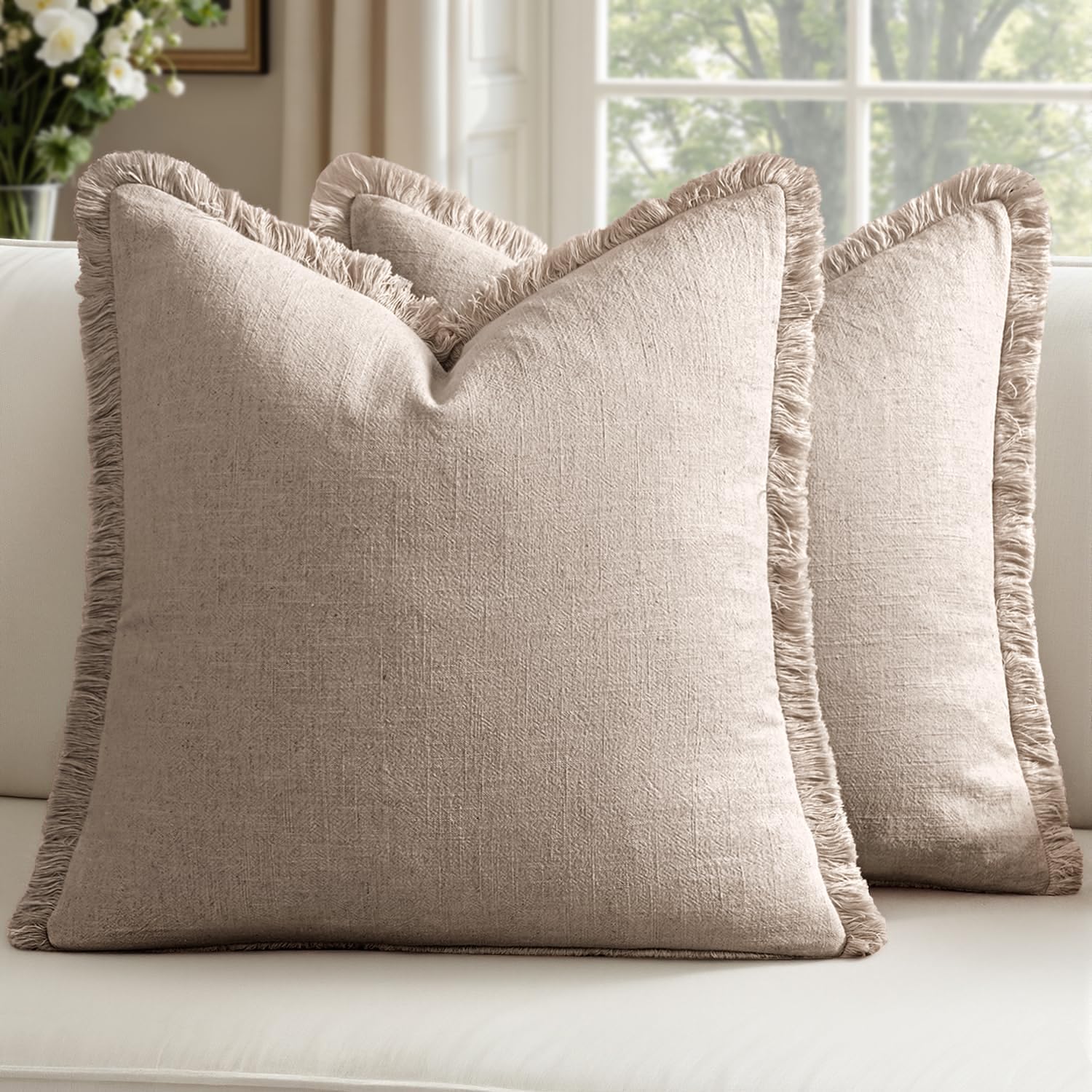 Decorative Linen Fringe Throw Pillow Covers Boho Farmhouse Soft Euro Accent Pillowcases with Tassels for Bed Couch Sofa Living Room Bedroom,24x24 Inch Set of 2,Brown