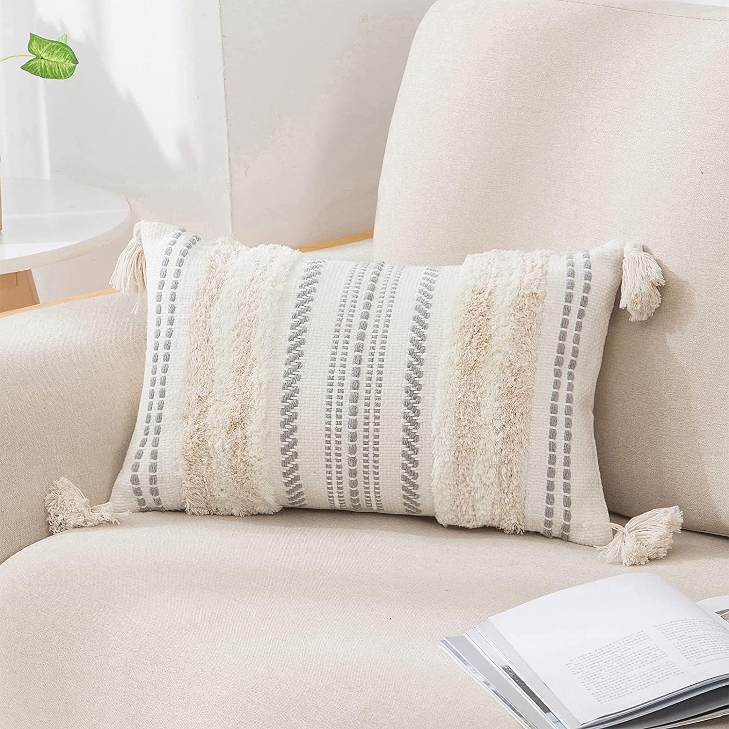 decorUhome Summer Decorative Boho Throw Pillow Covers 18x18 Set of 2, Accent Neutral Textured Tufted Pillow Covers Striped for Couch Bed Sofa Living Room, Khaki and Cream White