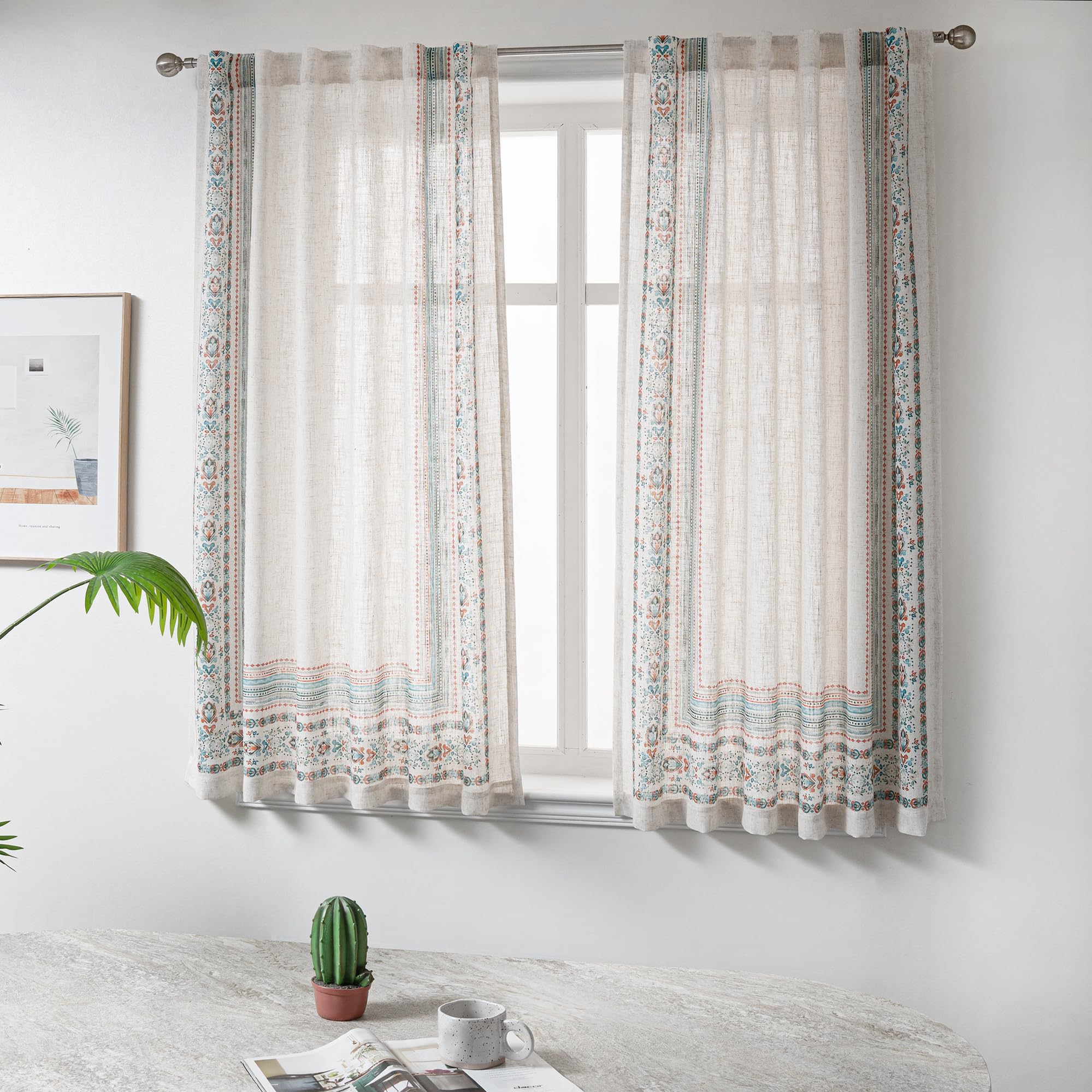 MYSKY HOME Ceiling Curtains for Living Room, Farmhouse Style Lines Printed Curtains 95 Inches Long Semi Sheer Drapes for Living Room, Modern Style Room Divider Curtains, 50"x95", Khaki, 2 PCs