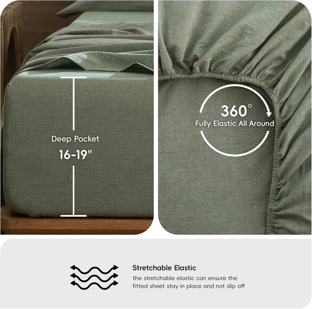 MooMee Bedding Sheet Set 100% Washed Cotton Linen Like Textured Breathable Durable Soft Comfy (Heathered Green, Queen)