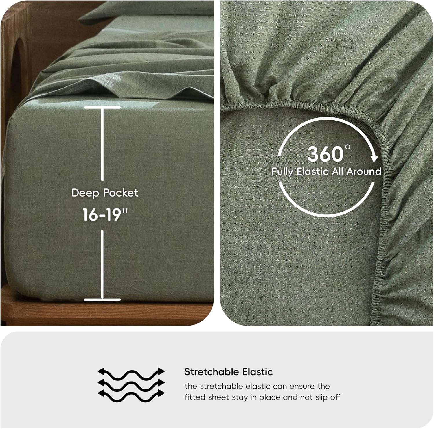 MooMee Bedding Sheet Set 100% Washed Cotton Linen Like Textured Breathable Durable Soft Comfy (Heathered Green, Queen)
