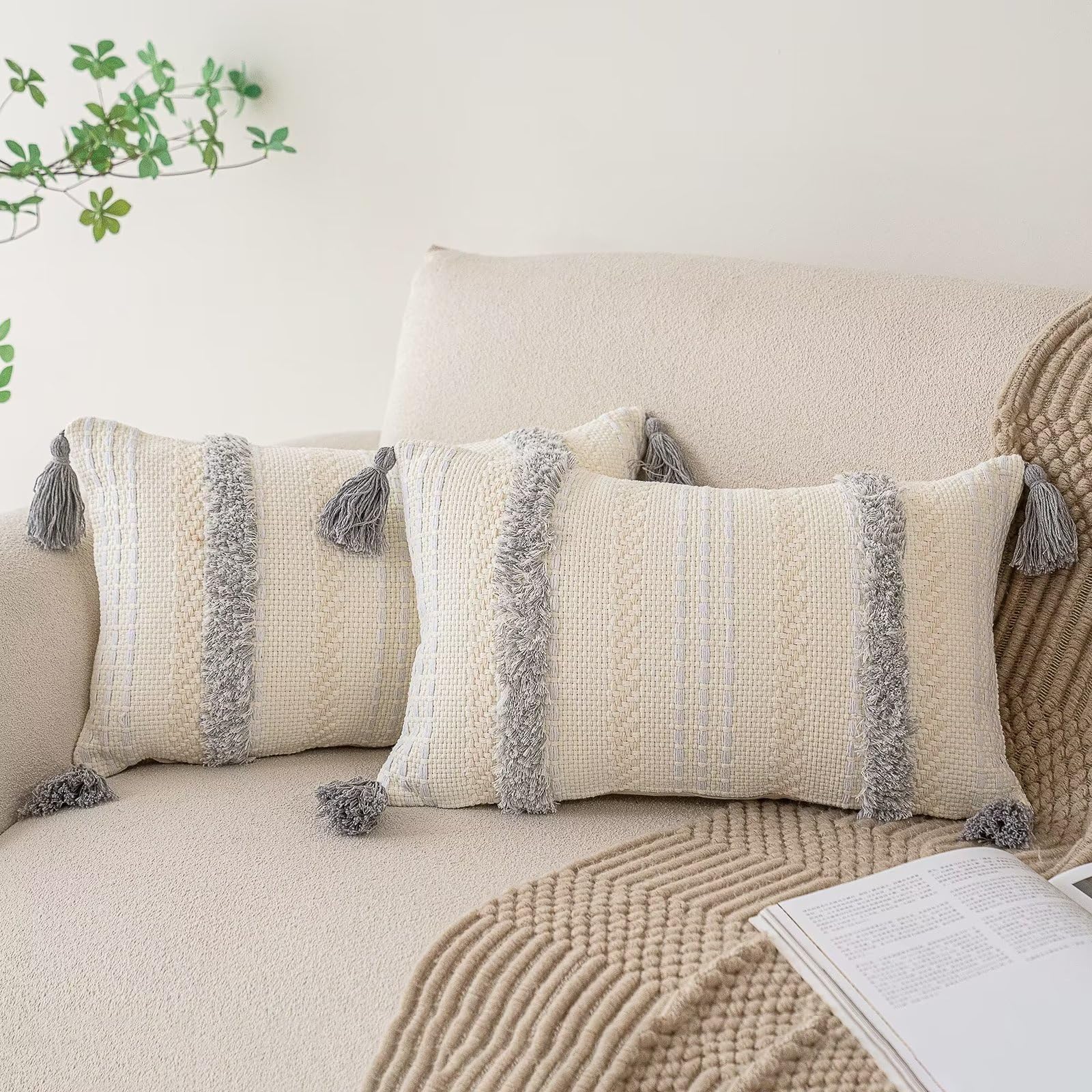 Boho Throw Pillow Covers 20x20 Set of 2 Woven Tufted Farmhouse Pillows Cover with Tassels Textured Striped Cushion Case Neutral Pillow Cases Decorative Pillowcase for Sofa, Couch, Bed, Dark Blue