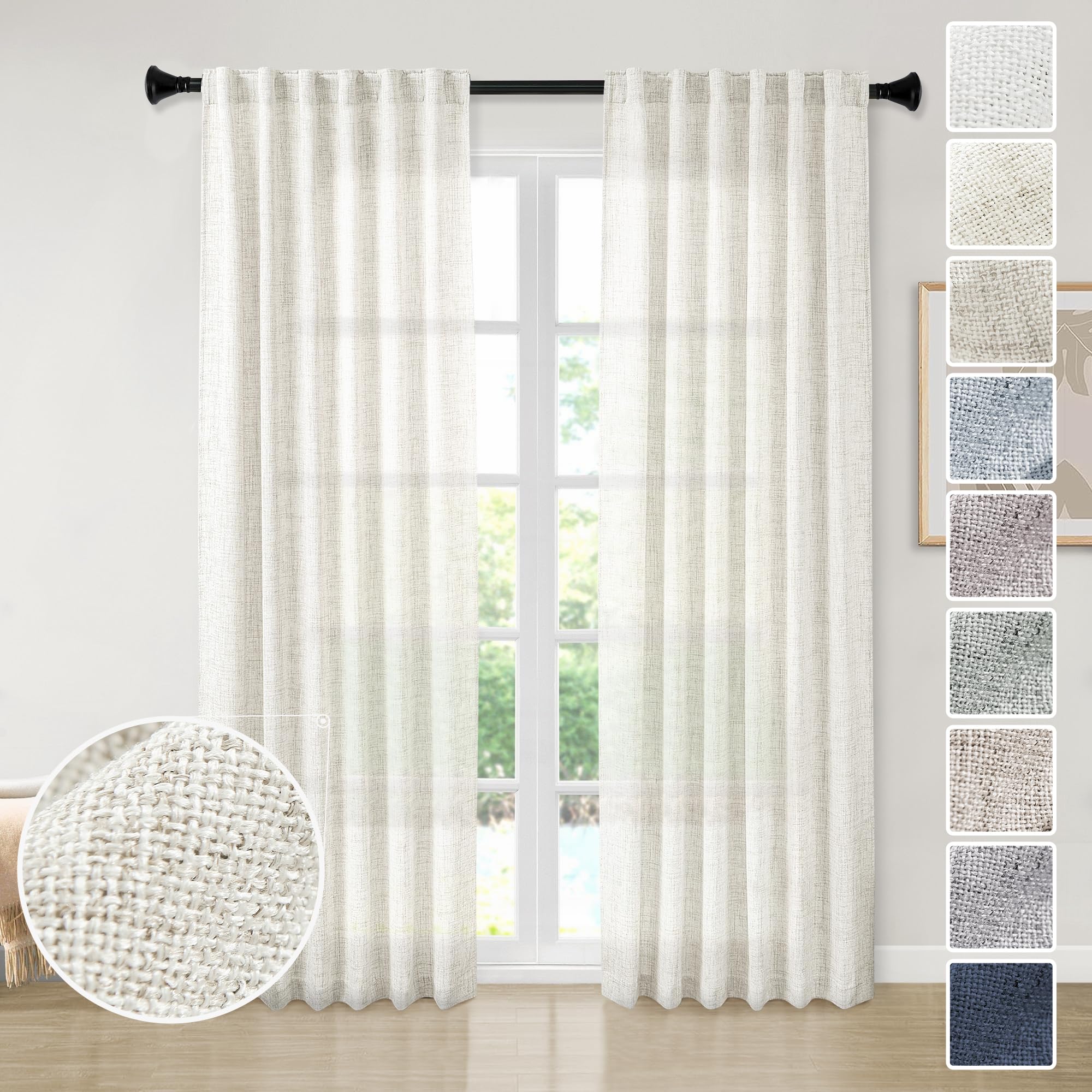 Natural Linen Back Tab Curtains 92 inch Long 2 Panels Set for Living Room Semi Sheer Light Filtering Window Drape Neutral Country Farmhouse Boho Curtains for Bedroom Cream Beige