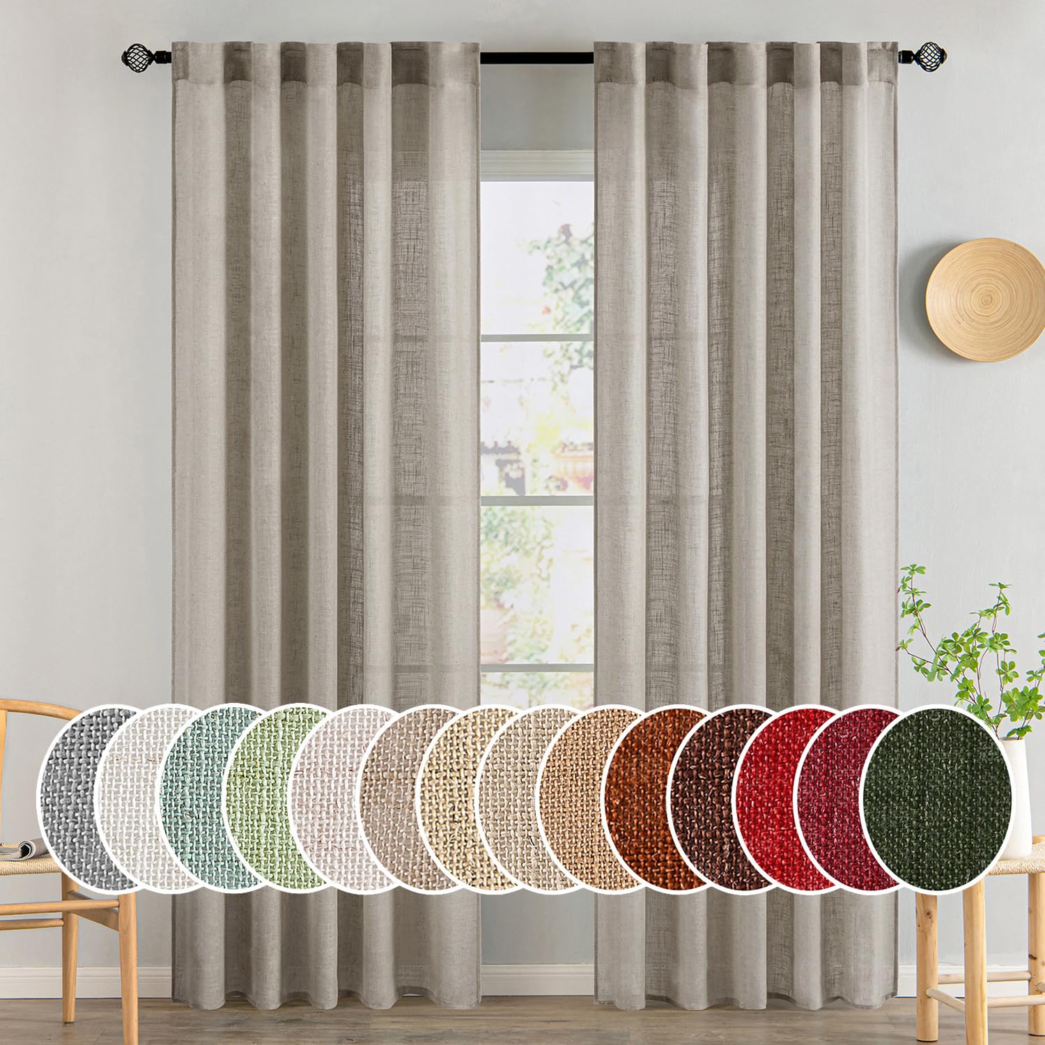 MIULEE Taupe Linen Curtains 84 Inch Length for Bedroom Living Room, Soft Thick Linen Textured Window Drapes Semi Sheer Light Filtering Back Tab Rod Pocket Burlap Look Farmhouse Country Decor, 2 Panels