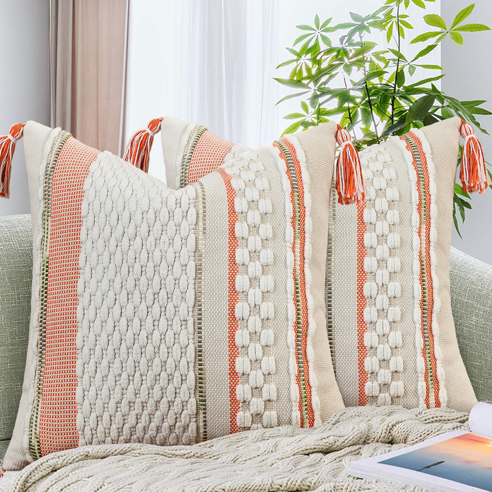 AmHoo Set of 2 Chenille Striped Tufted Textured Boho Throw Pillow Covers Aesthetic with Tassels Woven Decorative Pillow Case for Couch Bed Sofa Bedroom Modern Funky 18 x 18-Inch Brown White