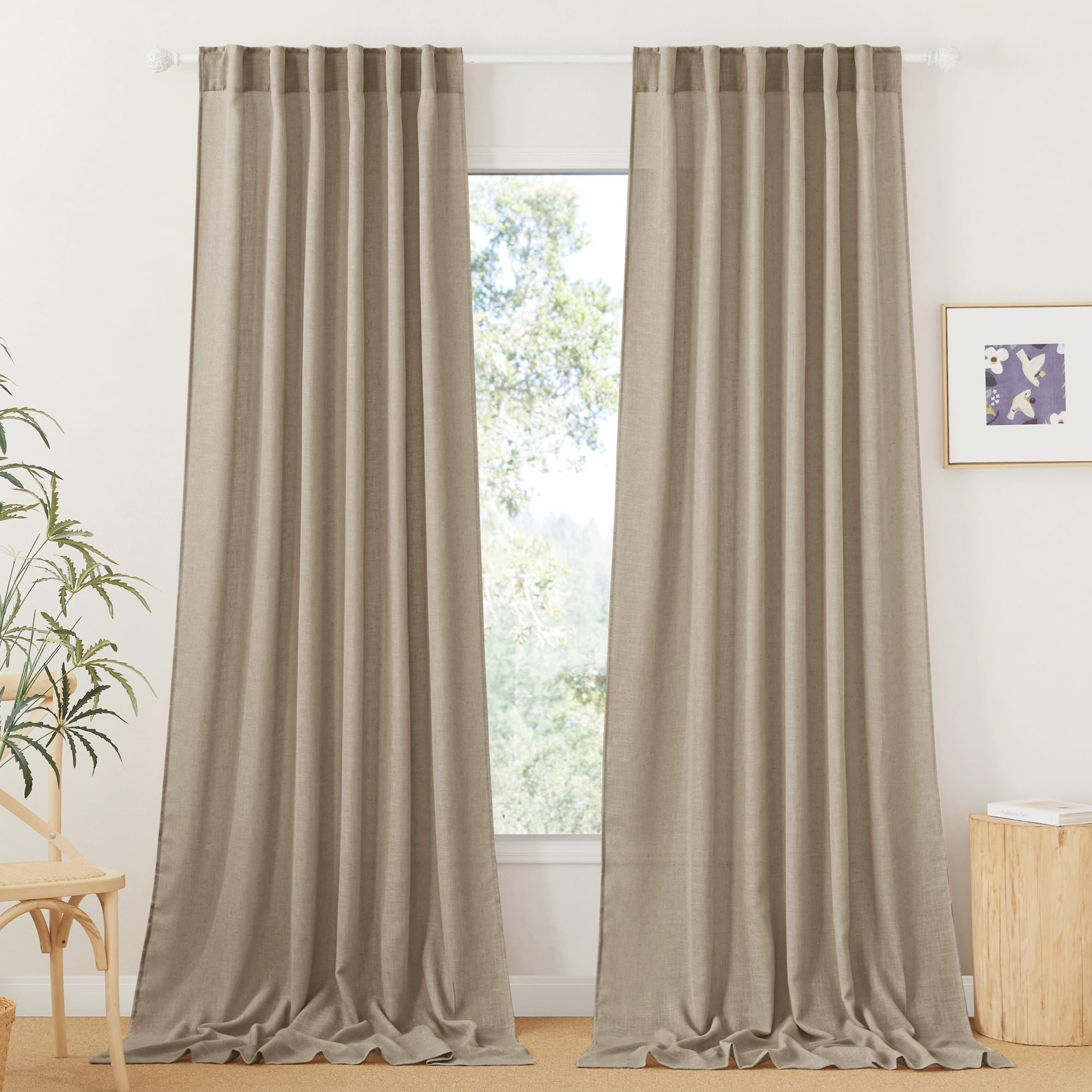 RYB HOME Linen Sheer Curtains and Drapes for Living Room 108 inches Length, Breathable Back Tab/Rod Pocket Semi Sheer Curtains, Oatmeal, W 52 x L 108 inches, 2 Panels Set