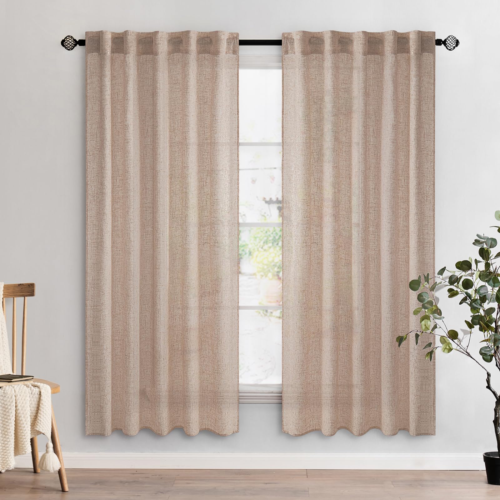 MIULEE Taupe Linen Curtains 84 Inch Length for Bedroom Living Room, Soft Thick Linen Textured Window Drapes Semi Sheer Light Filtering Back Tab Rod Pocket Burlap Look Farmhouse Country Decor, 2 Panels