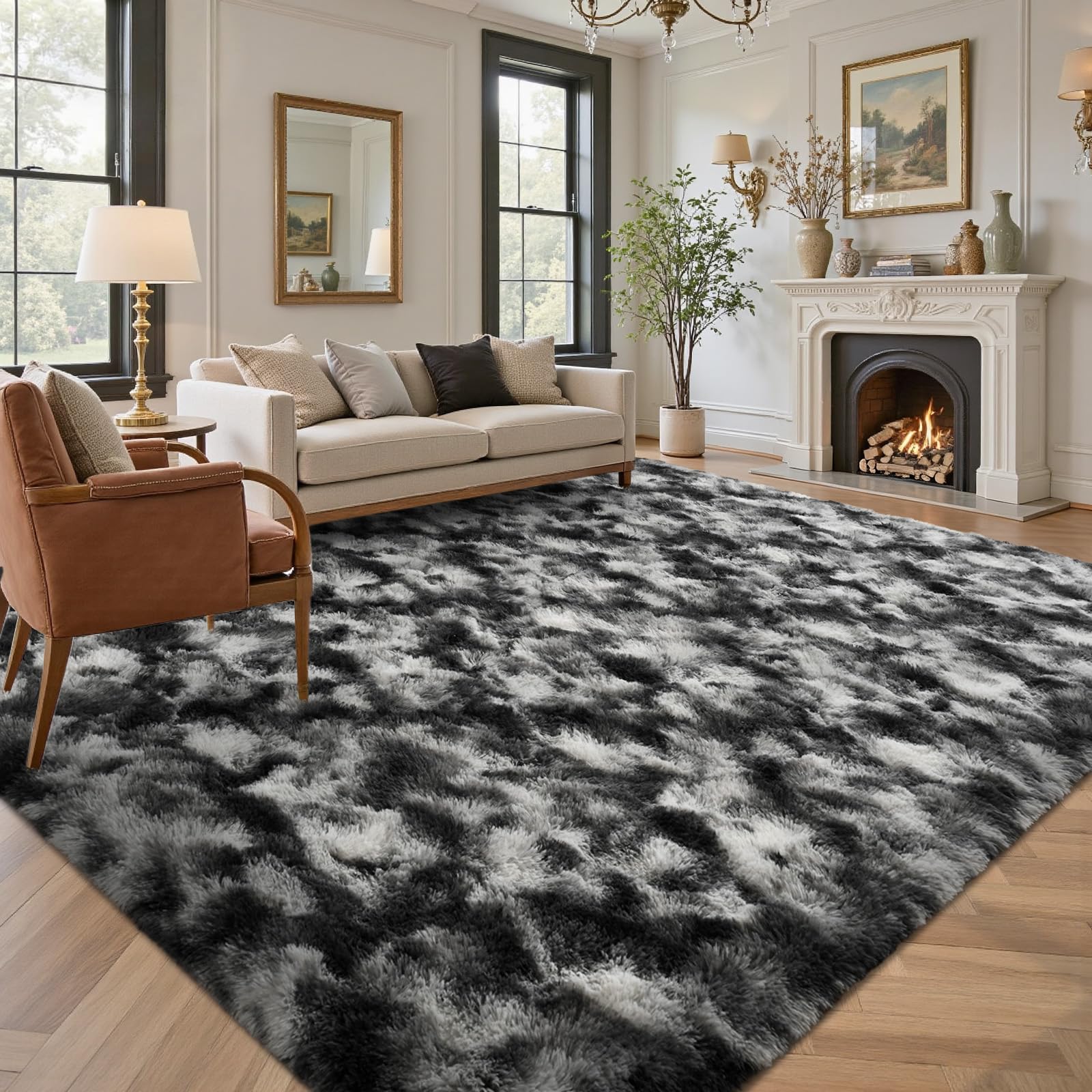5×7ft Grey Fluffy Tie-Dyed Rug, Soft Shag Carpet for Home Decor