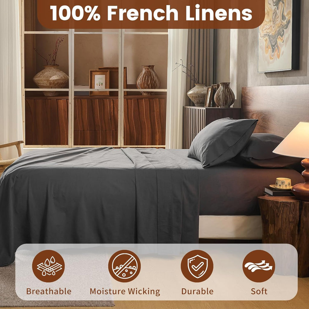 100% Linen Sheets Queen Size,Breathable & Durable 4-Piece Bed Flax Sheet Set,Soft All-Season Bedding for Hot Sleepers 16" Deep Pocket Oeko-TEX Certified,（Queen, Dark Grey）