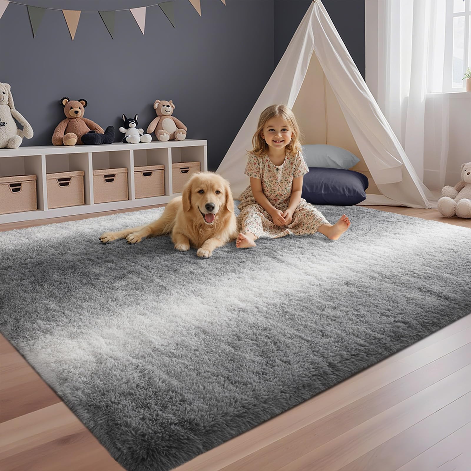 5×7ft Grey Fluffy Tie-Dyed Rug, Soft Shag Carpet for Home Decor