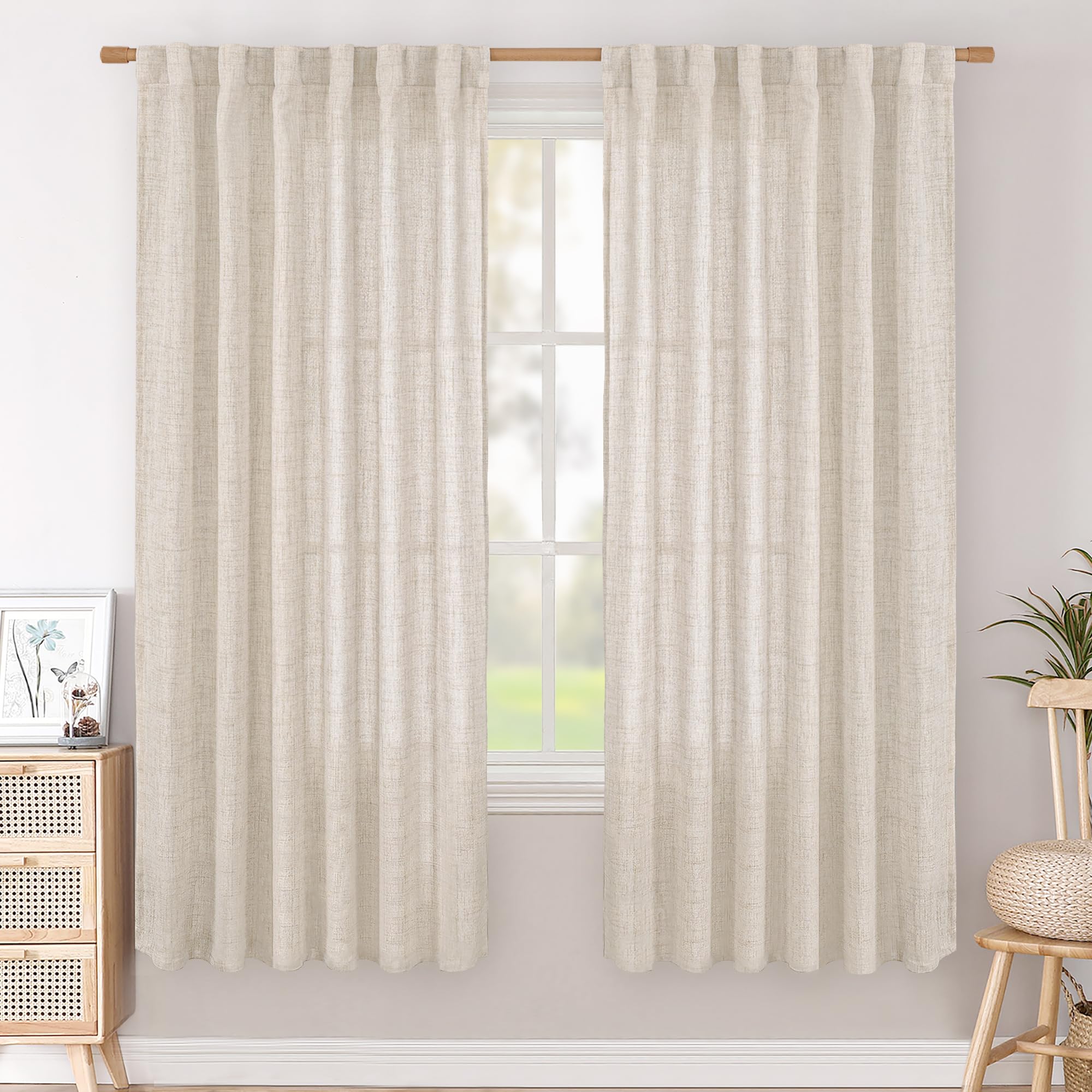 BGment Natural Linen Semi Sheer Curtains 96 Inch Length 2 Panels for Living Room, Beige Light Filtering Window Drapes with Rod Pocket Back Tab Extre Long for Dining Bedroom, 52 X 96 Inch