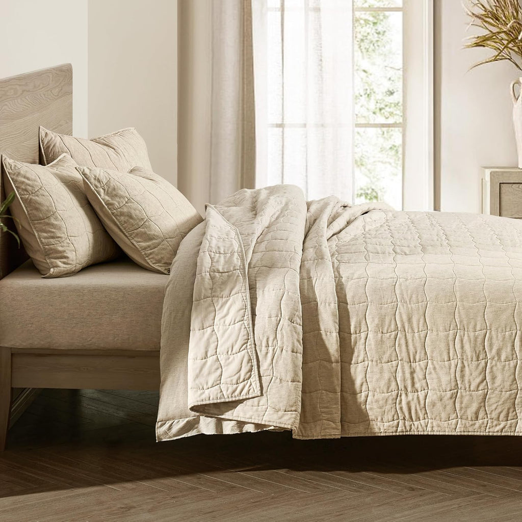 Wonderful Natural Linen Cotton Quilt - Skin-Friendly Breathable & Hypoallergenic Quilt Queen, 3 Piece Wavy Box Stitched Linen Bedding Set, All-Season Use Bedspread & Coverlet Bedding, 94"x94" | Safe Sleep