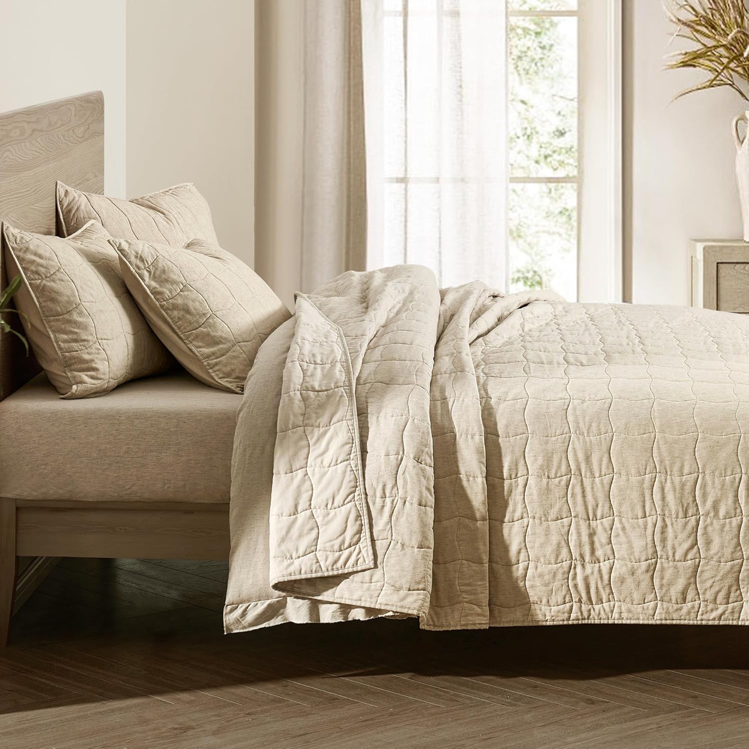 Wonderful Natural Linen Cotton Quilt - Skin-Friendly Breathable & Hypoallergenic Quilt Queen, 3 Piece Wavy Box Stitched Linen Bedding Set, All-Season Use Bedspread & Coverlet Bedding, 94"x94" | Safe Sleep