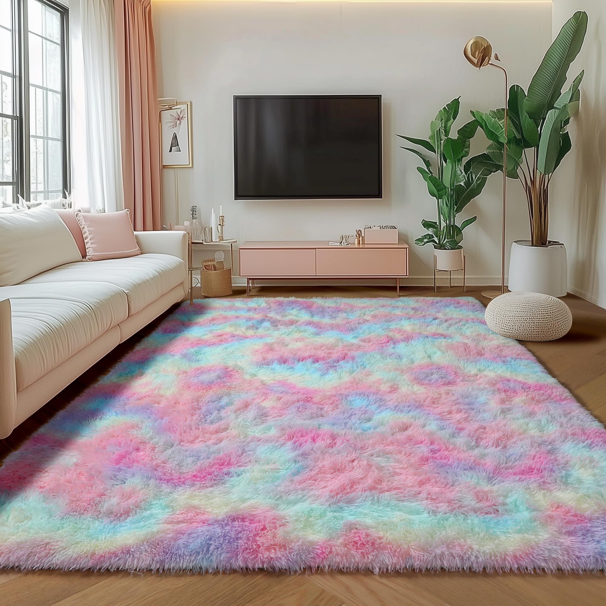 ONASAR Tie-Dyed Dark Grey Round Area Rugs 5ft, Ultra Soft Bedroom Circle Rug for Kids Girls Teen Room, Fluffy Plush Shaggy Carpet Floor Mats for Baby Nursery Living Room Playroom Home Decor
