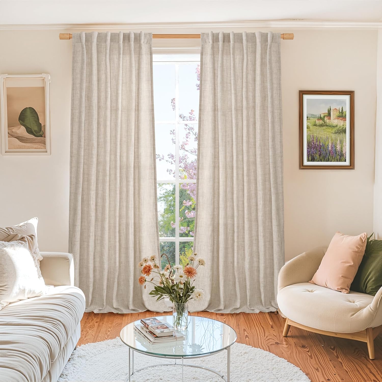 BGment Natural Linen Semi Sheer Curtains 96 Inch Length 2 Panels for Living Room, Beige Light Filtering Window Drapes with Rod Pocket Back Tab Extre Long for Dining Bedroom, 52 X 96 Inch