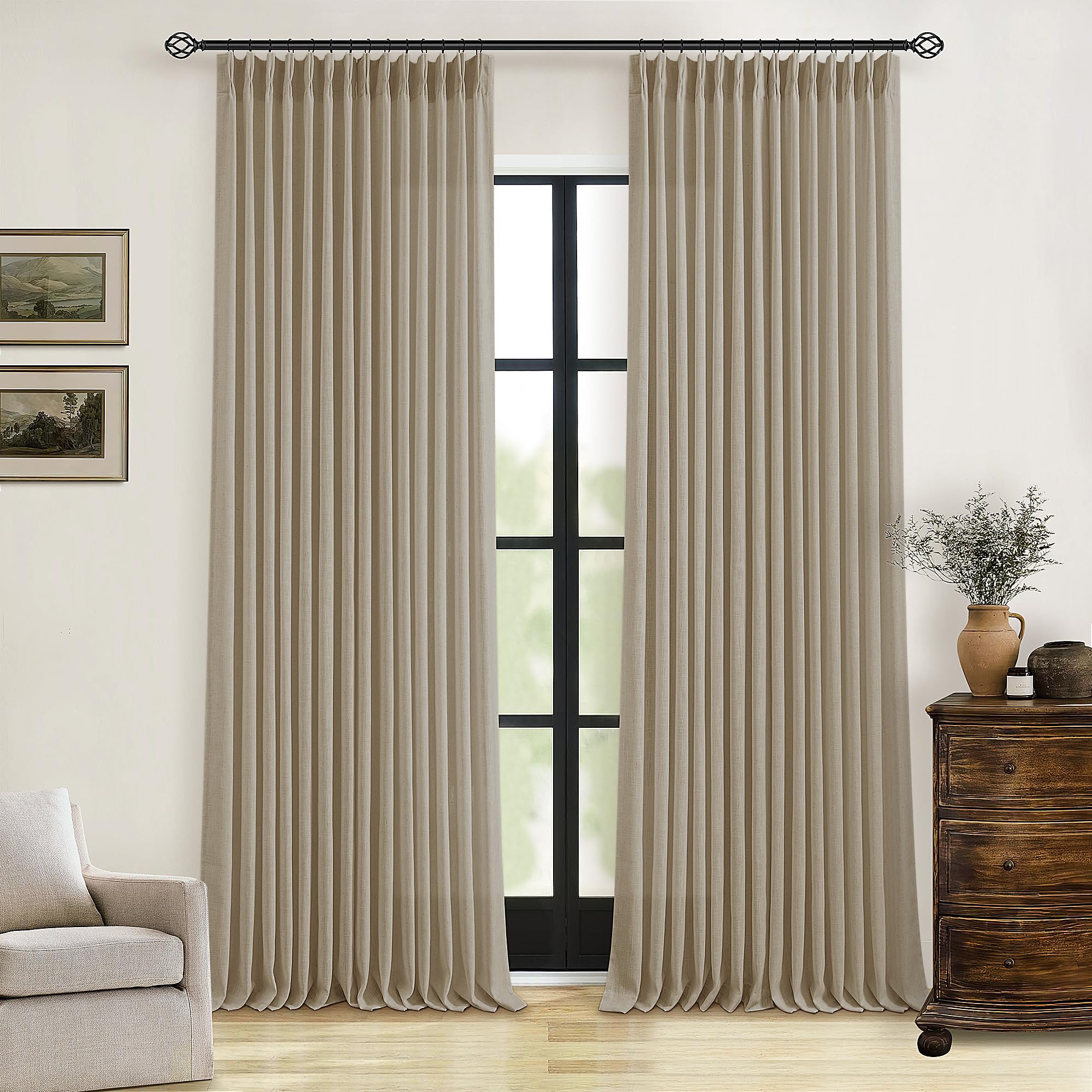 Dutch Cocoa Pinch Pleated Linen Curtains 84 Inches Long 60 Inch Width Linen Blend Light Filtering Window Curtains 84 Inch for Living Room Bedroom Patio Pinch Pleat Drapes Hooks Rings 1 Panel 60Wx84L