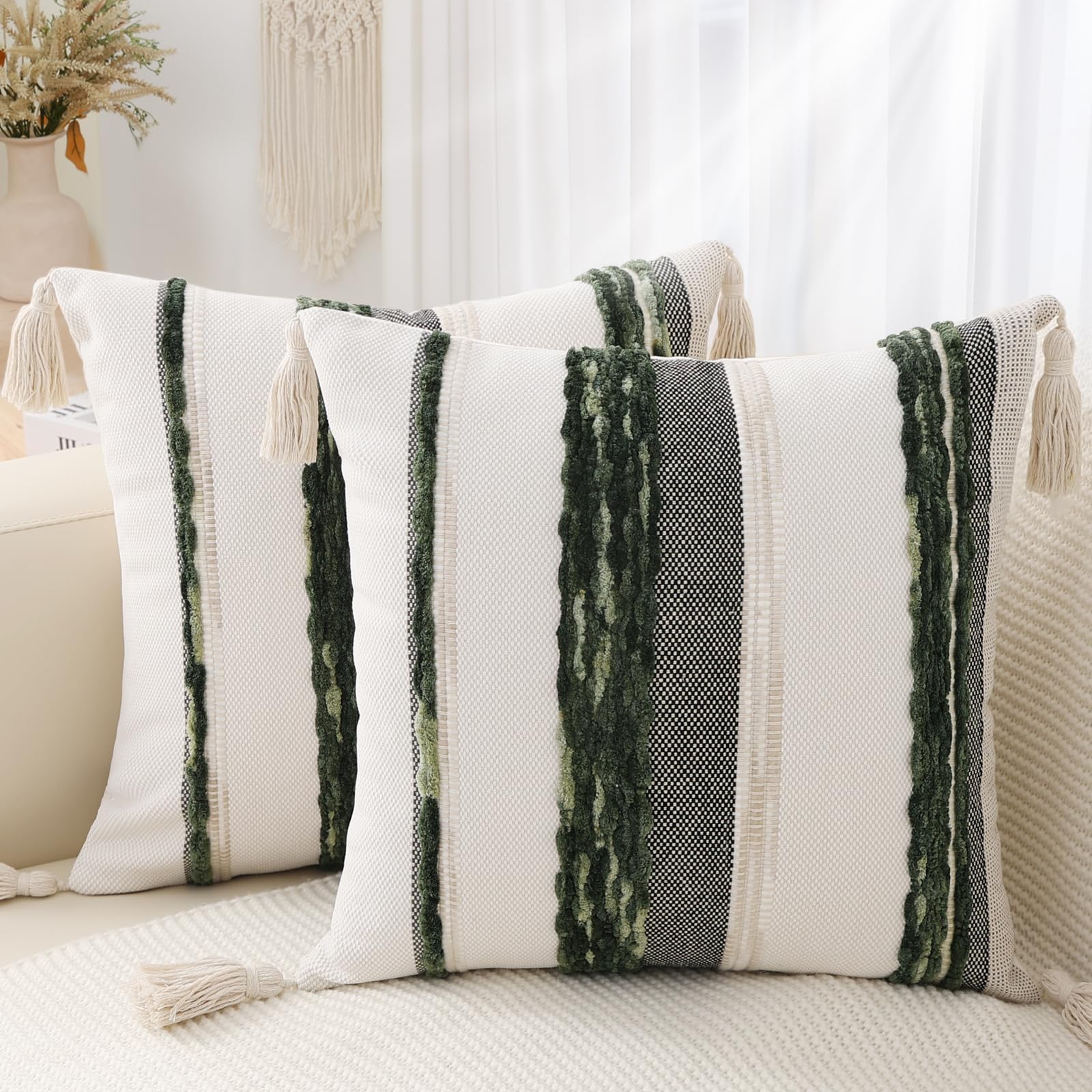 Simmore Fall Boho Decorative Throw Pillow Covers 12x20 Set of 2, Tufted Farmhouse Pillow Covers with Tassels for Cozy Bohemian Couch Sofa Bedroom Home Decor, Rust