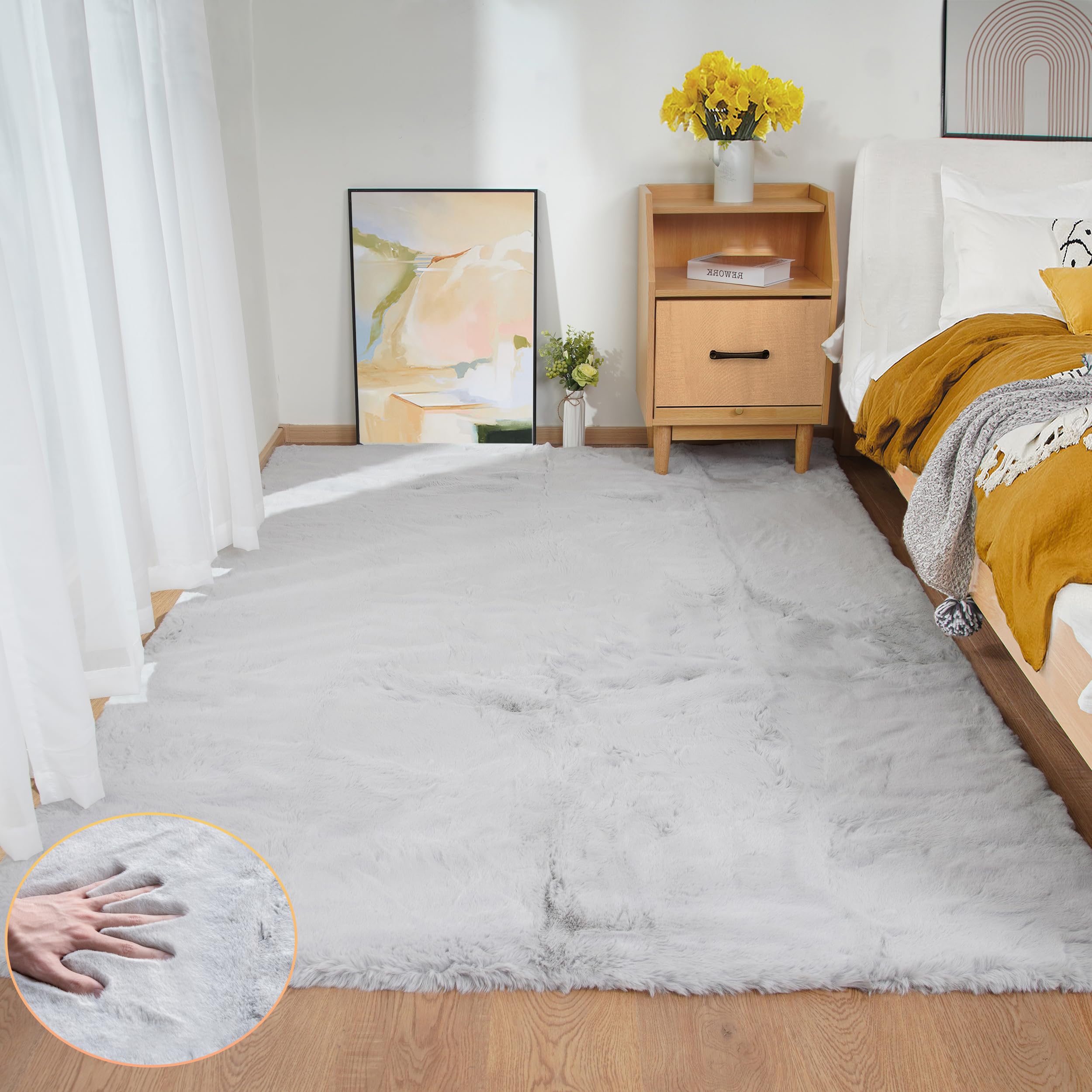ORINOVA White Faux Rabbit Fluffy Fur Rugs for Bedroom Machine Washable Furry Area Rugs for Living Room Smal 2x4 Shag Runner Rug Nursery Rug