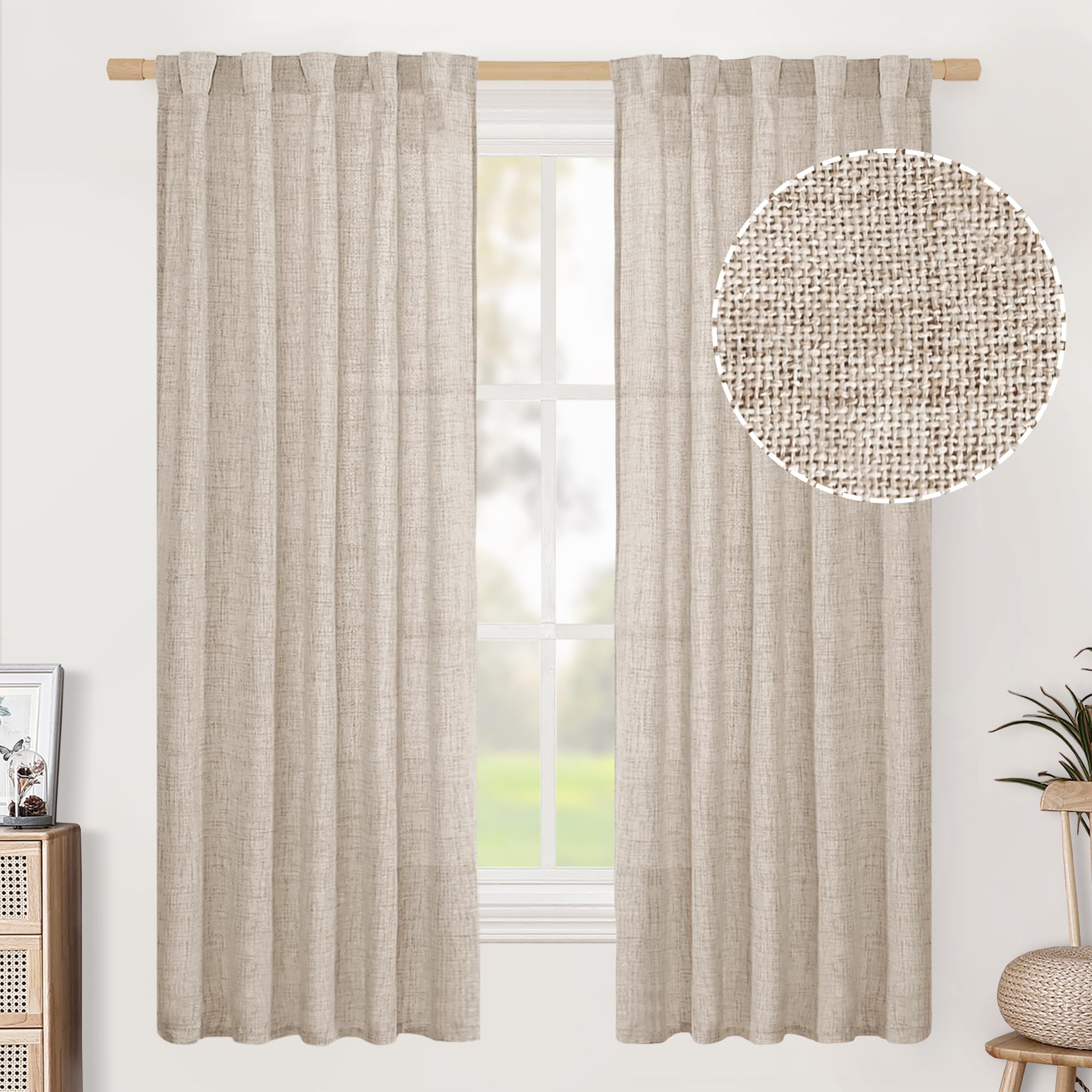 BGment Natural Linen Semi Sheer Curtains 96 Inch Length 2 Panels for Living Room, Beige Light Filtering Window Drapes with Rod Pocket Back Tab Extre Long for Dining Bedroom, 52 X 96 Inch