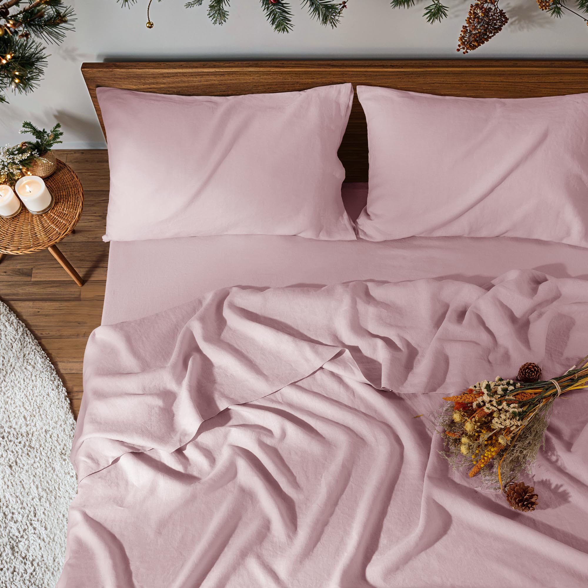 100% Pure Linen Sheet Set for Hot Sleepers, Breathable Natural Linen Sheets 4pcs, Bedding Set Deep Pocket Up to 16" Moisture-Wicking, Softens with Every Wash (Linen Queen)