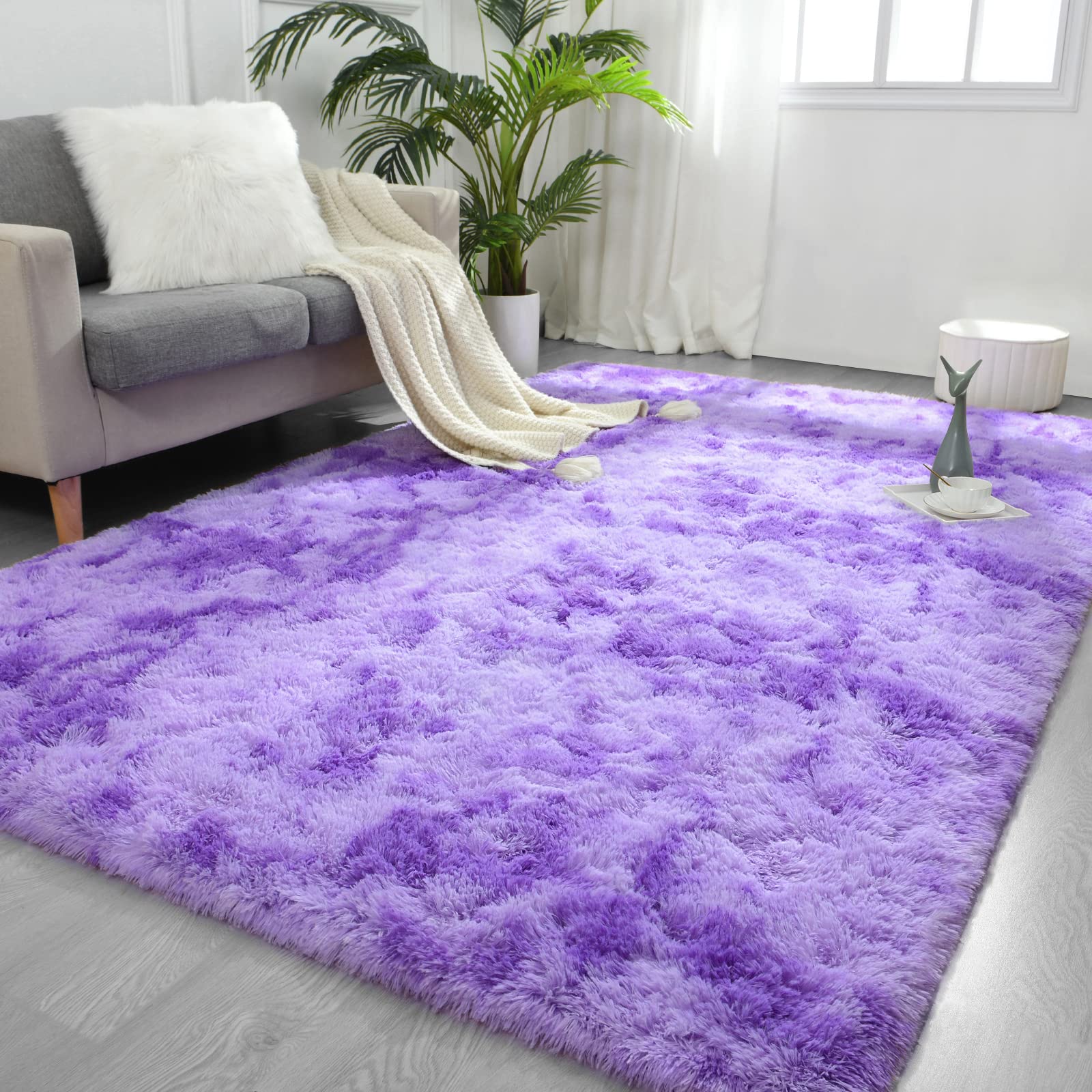 FlyDOIT Large Area Rugs for Living Room, 5x8 Feet Tie-Dyed Light Grey Shaggy Rug Fluffy Throw Carpets, Ultra Soft Plush Modern Indoor Fuzzy Rugs for Bedroom Girls Kids Nursery Room Dorm Home Decor