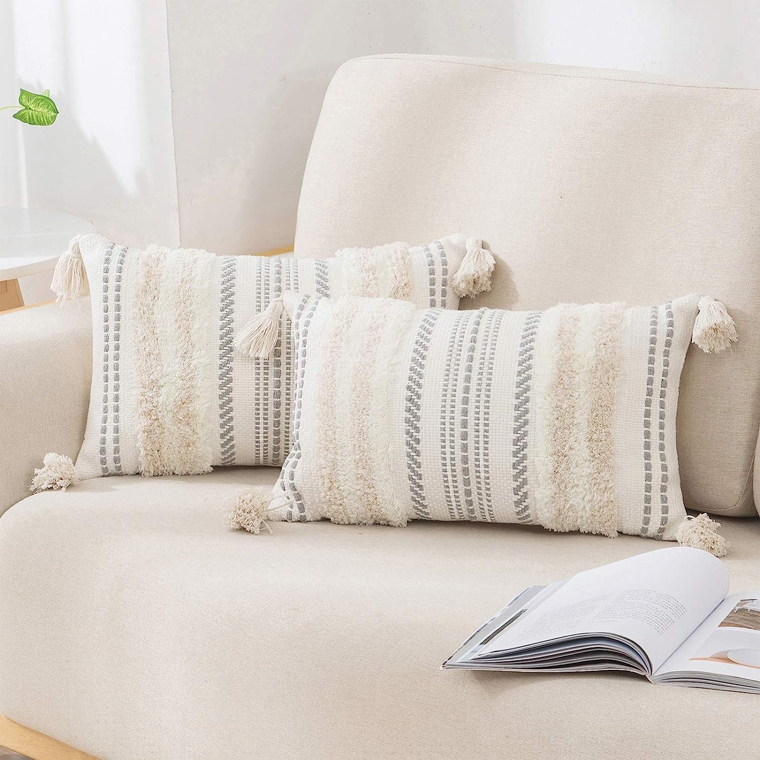 decorUhome Summer Decorative Boho Throw Pillow Covers 18x18 Set of 2, Accent Neutral Textured Tufted Pillow Covers Striped for Couch Bed Sofa Living Room, Khaki and Cream White